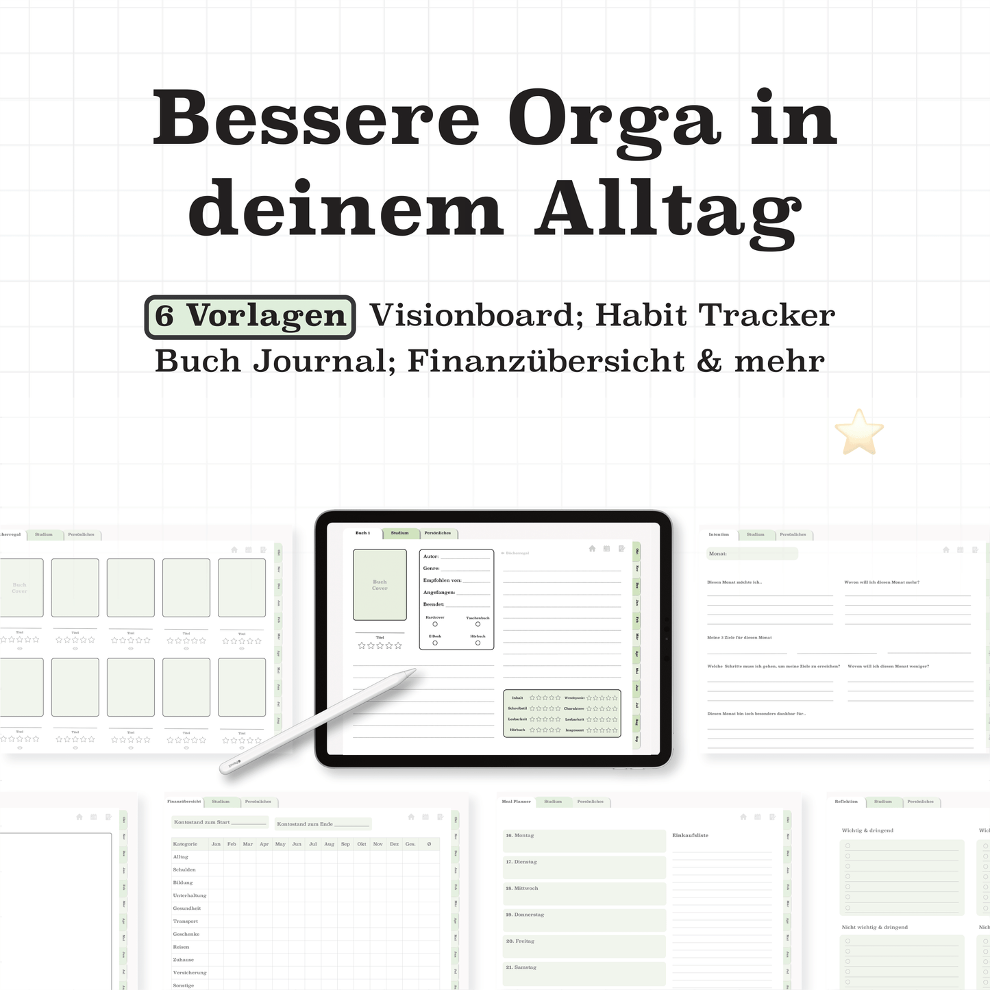 Grüner Semesterplaner 2025/26 mit Alltagsvorlagen auf dem iPad: Visionboard, Habit Tracker, Finanzübersicht und Buchjournal als digitale PDF