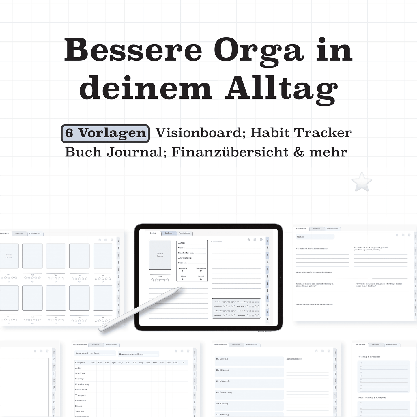 Digitale Alltagsvorlagen im Semesterplaner 2025/26: Visionboard, Habit Tracker, Buch-Journal und Finanzübersicht auf dem iPad