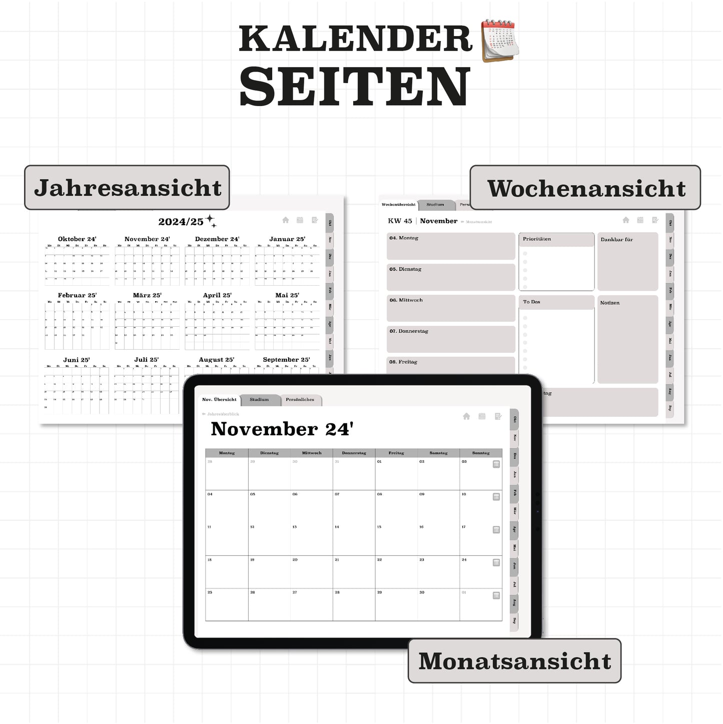 Jahres-, Monats- und Wochenansicht im digitalen Planer. Organisiere Termine und Deadlines im Studium effizient und stylisch.