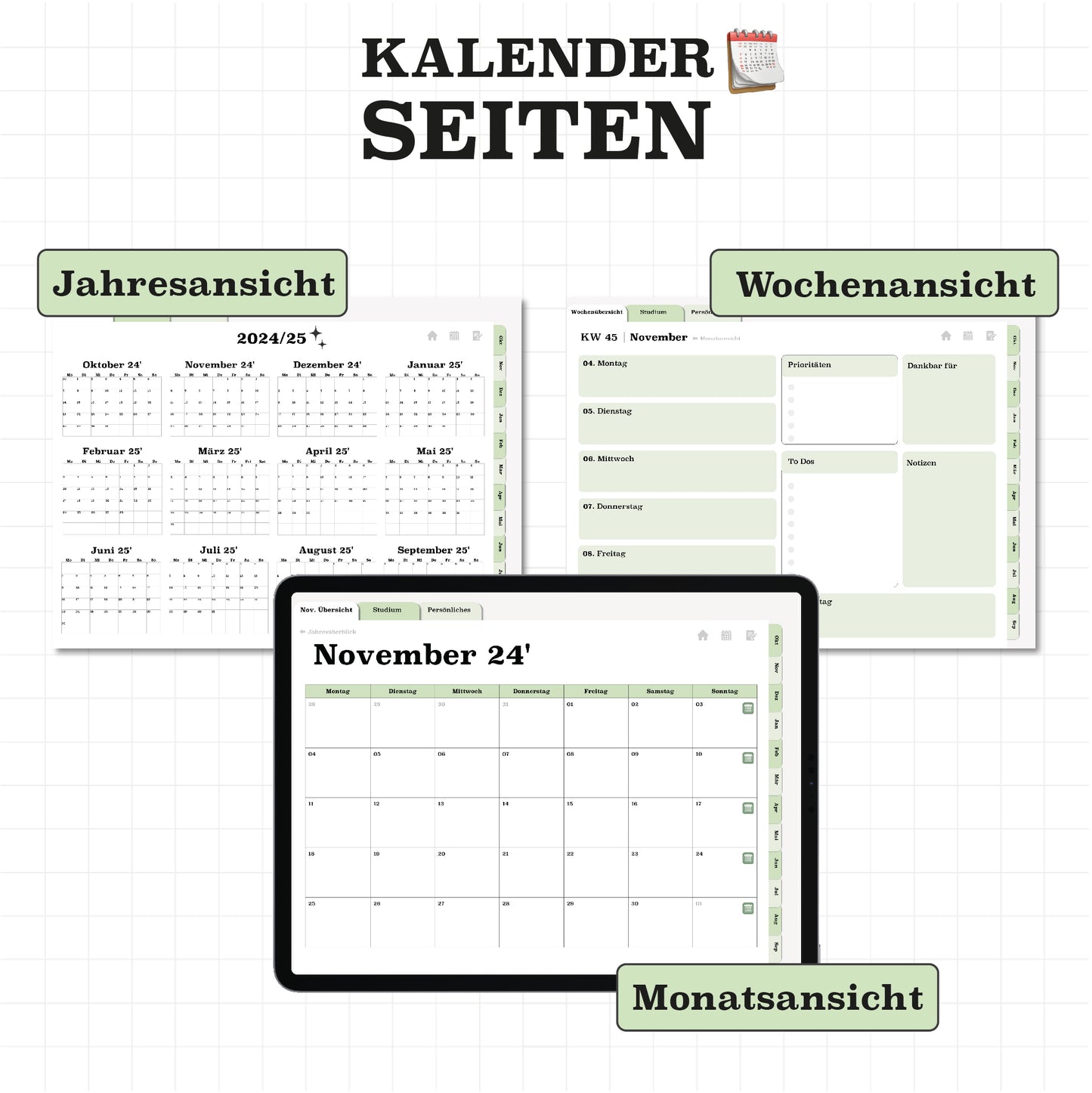 Jahres-, Monats- und Wochenansicht im digitalen Planer. Organisiere Termine und Deadlines im Studium effizient und stylisch.