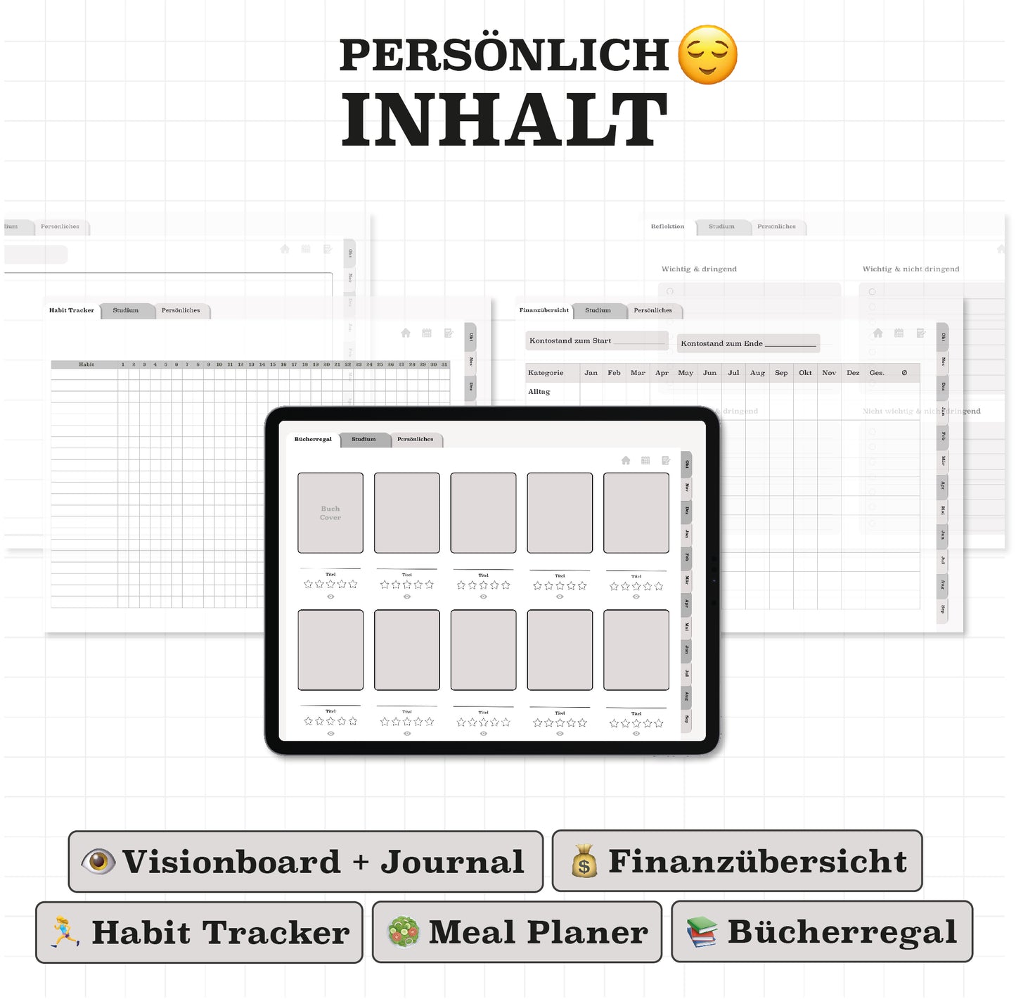 Personalisierte Seiten im digitalen Planer: Visionboard, Finanzübersicht, Habit Tracker und Meal Planner. Perfekt für ein strukturiertes Studium.