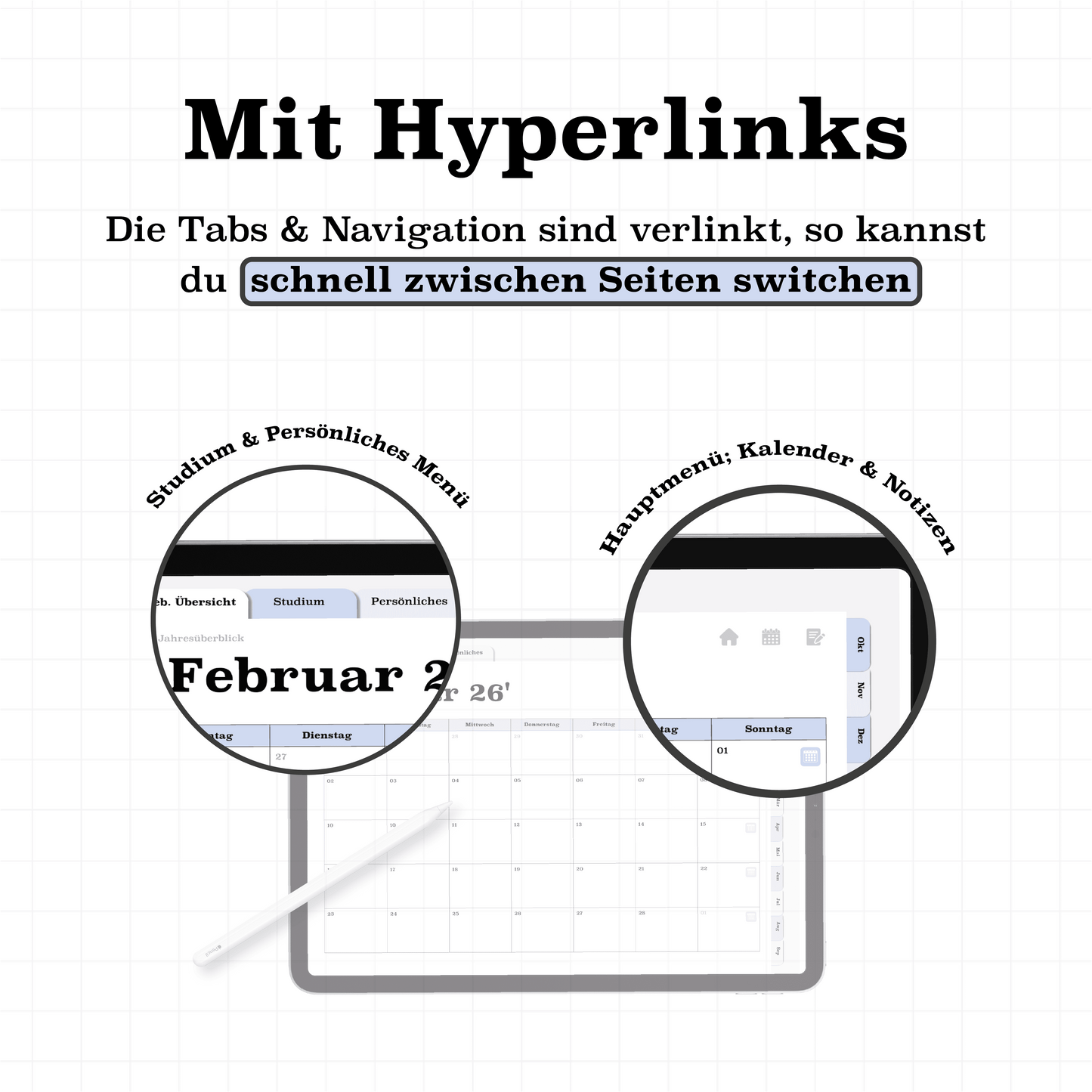 Übersicht der Hyperlinks im digitalen Semesterplaner 2025/26: Verlinkte Tabs für Studium, Kalender, Notizen & persönliche Bereiche auf dem iPad