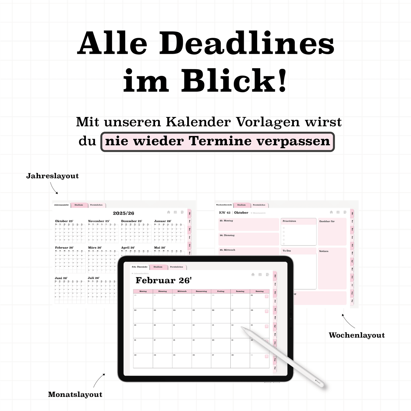 Kalenderansichten im rosa digitalen Semesterplaner 2025/26: Jahreslayout, Monatsübersicht und Wochenplan auf dem iPad