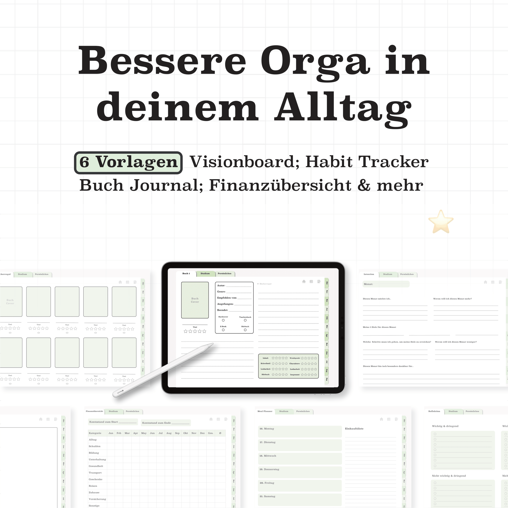 Grüner Semesterplaner 2025/26 mit Alltagsvorlagen auf dem iPad: Visionboard, Habit Tracker, Finanzübersicht und Buchjournal als digitale PDF