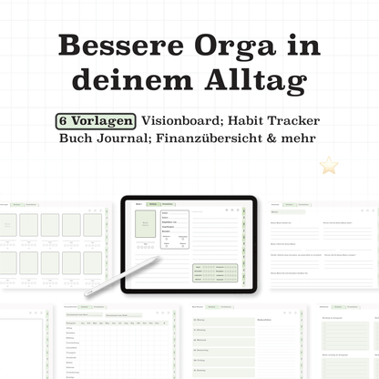 Grüner Semesterplaner 2025/26 mit Alltagsvorlagen auf dem iPad: Visionboard, Habit Tracker, Finanzübersicht und Buchjournal als digitale PDF