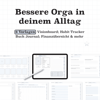 Digitale Alltagsvorlagen im Semesterplaner 2025/26: Visionboard, Habit Tracker, Buch-Journal und Finanzübersicht auf dem iPad