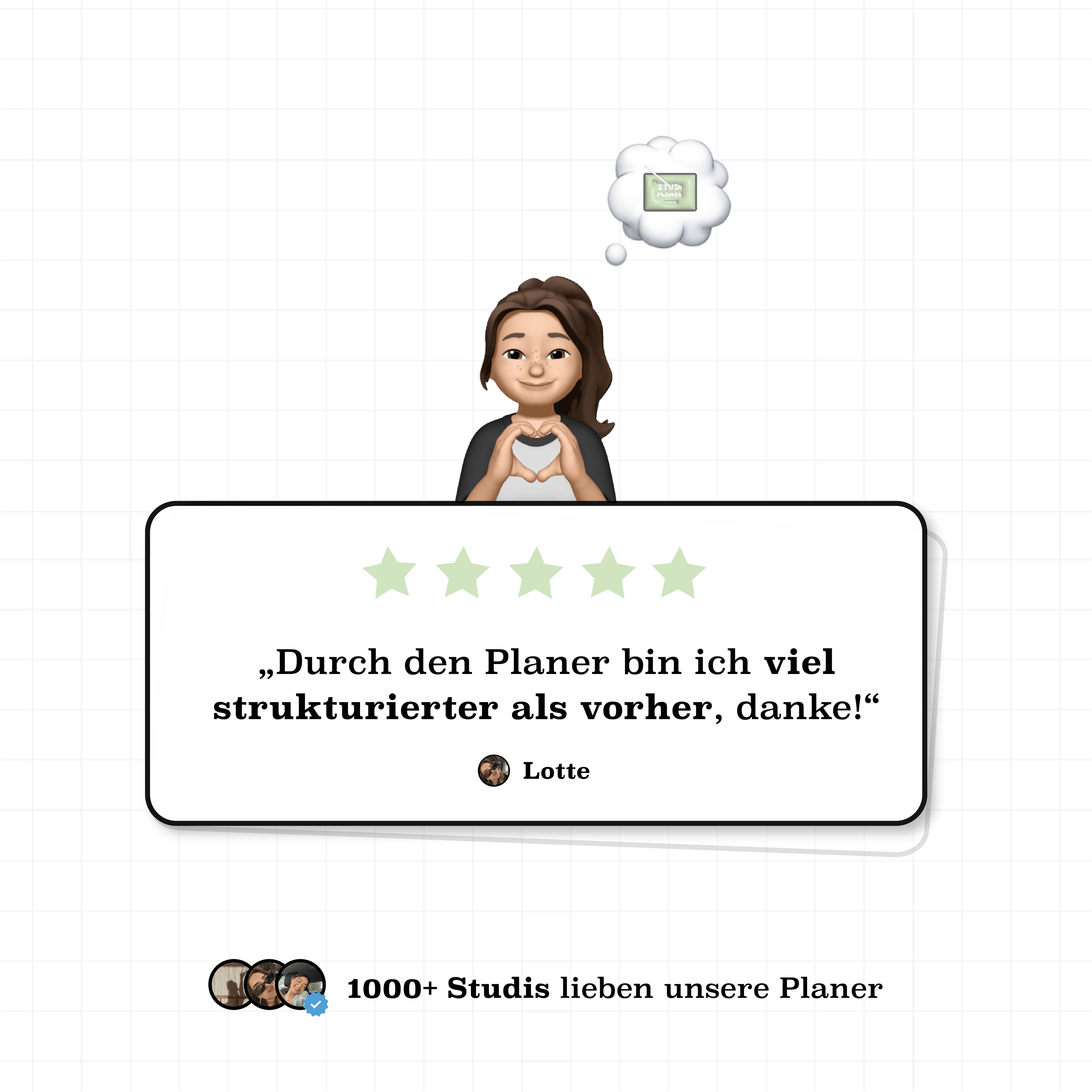 5-Sterne Bewertung für den grünen digitalen Semesterplaner 2025/26: „Viel strukturierter als vorher – danke!“ von Studentin Lotte