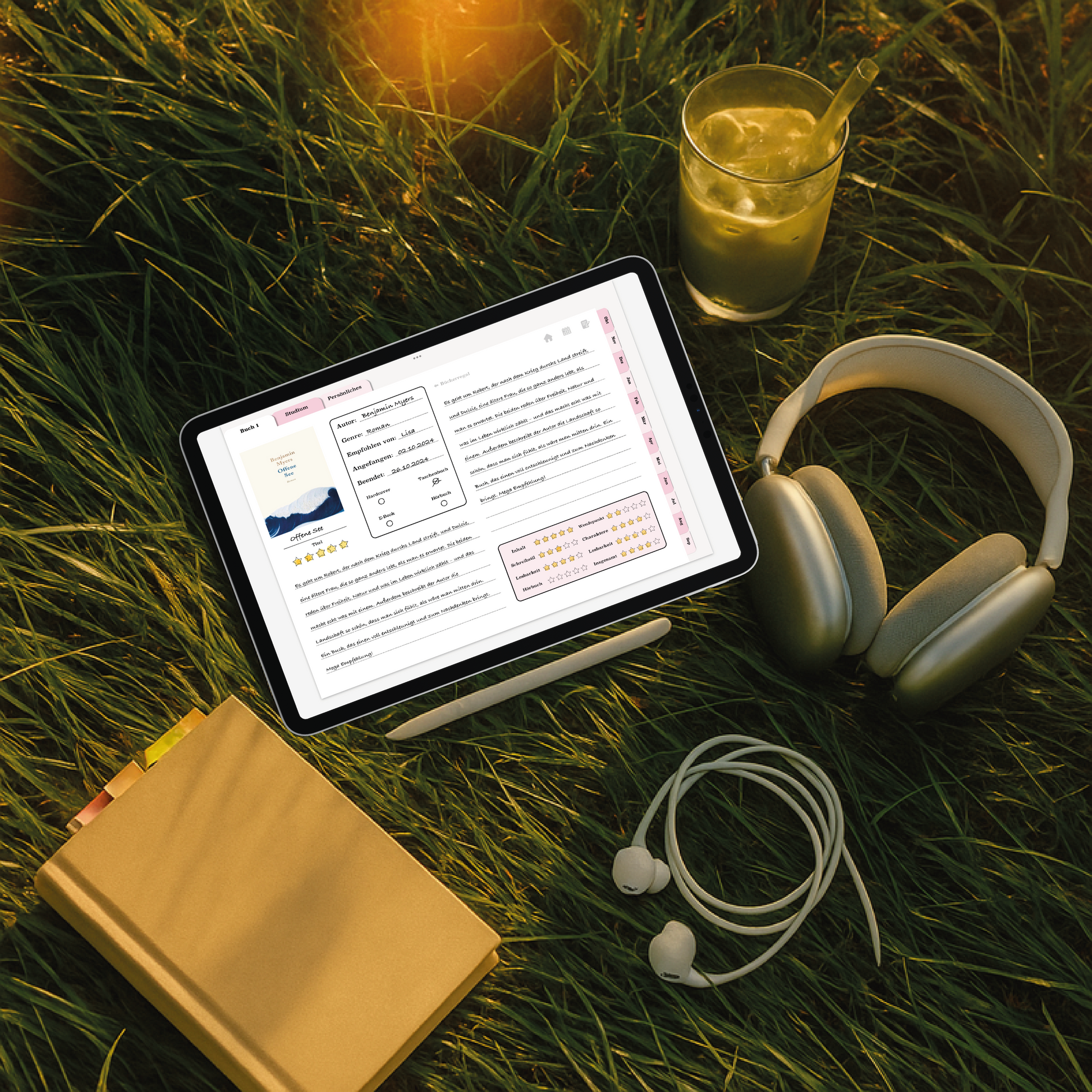 Book Journal im digitalen Semesterplaner 2025/26 in Rosa – genutzt auf dem iPad im Freien mit Notizbuch, Kopfhörern & Eistee
