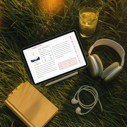 Book Journal im digitalen Semesterplaner 2025/26 in Rosa – genutzt auf dem iPad im Freien mit Notizbuch, Kopfhörern & Eistee