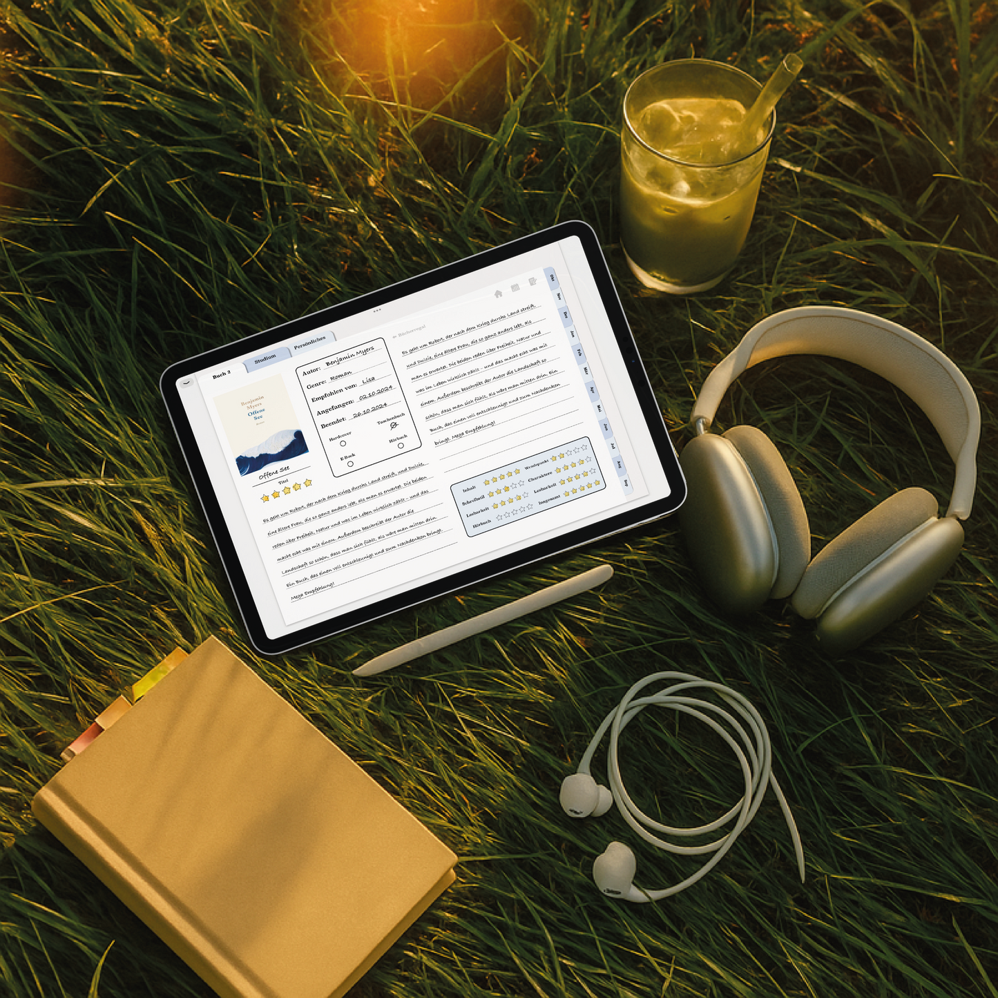 Buchjournal im digitalen Semesterplaner 2025/26 auf iPad – genutzt im Freien mit Notizbuch, Kopfhörern & Eistee auf der Wiese