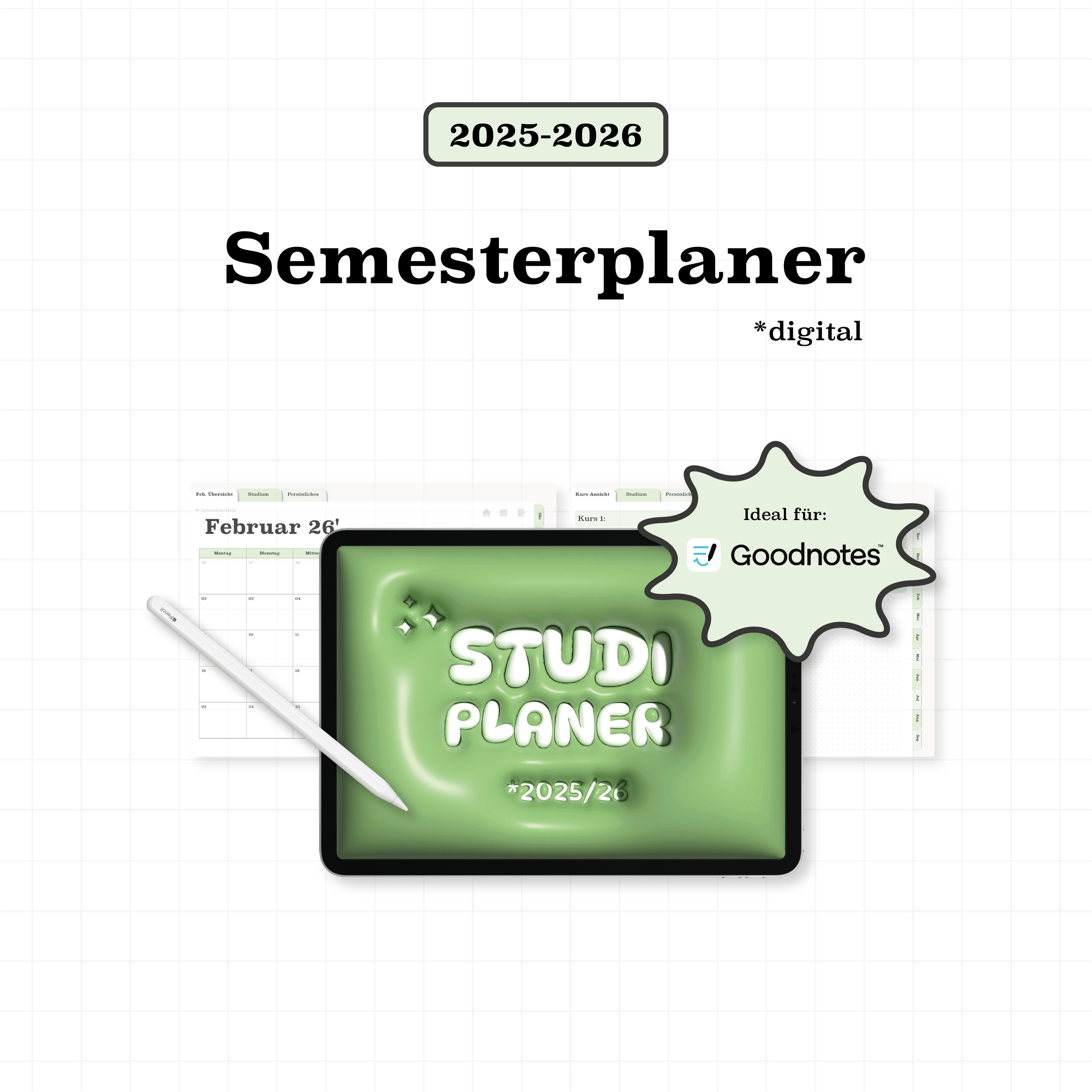 Digitaler Semesterplaner 2025/26 in Grün als PDF – Coveransicht auf dem iPad mit GoodNotes Hinweis und minimalistischer Kalender-Vorschau