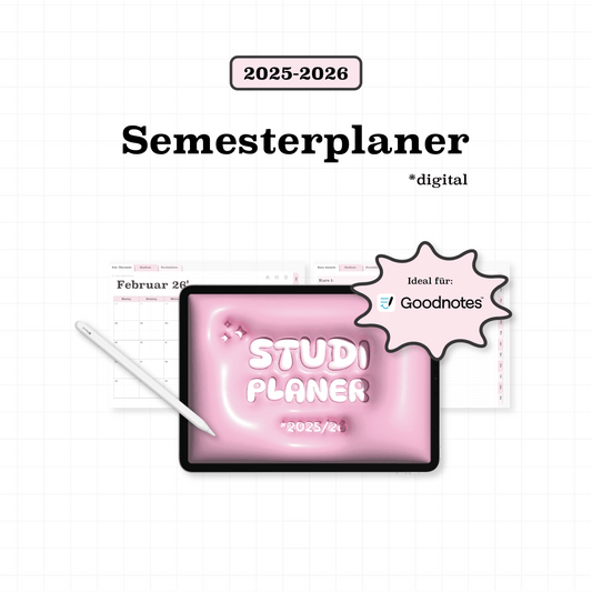 Digitaler Semesterplaner 2025/26 in Rosa als PDF für iPad – Coveransicht mit GoodNotes Hinweis und stylischem Tablet-Design
