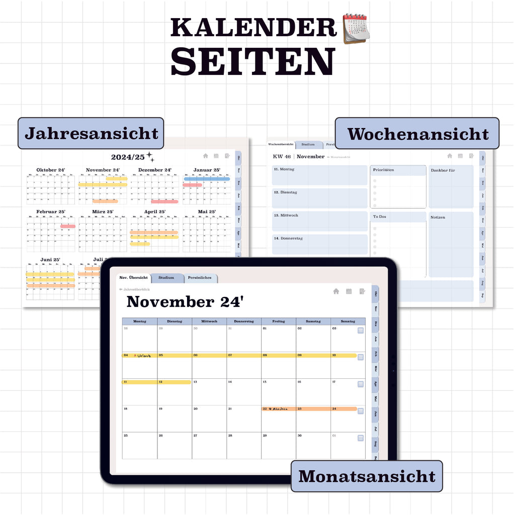 Jahres-, Monats- und Wochenansicht im digitalen Planer. Organisiere Termine und Deadlines im Studium effizient und stylisch.