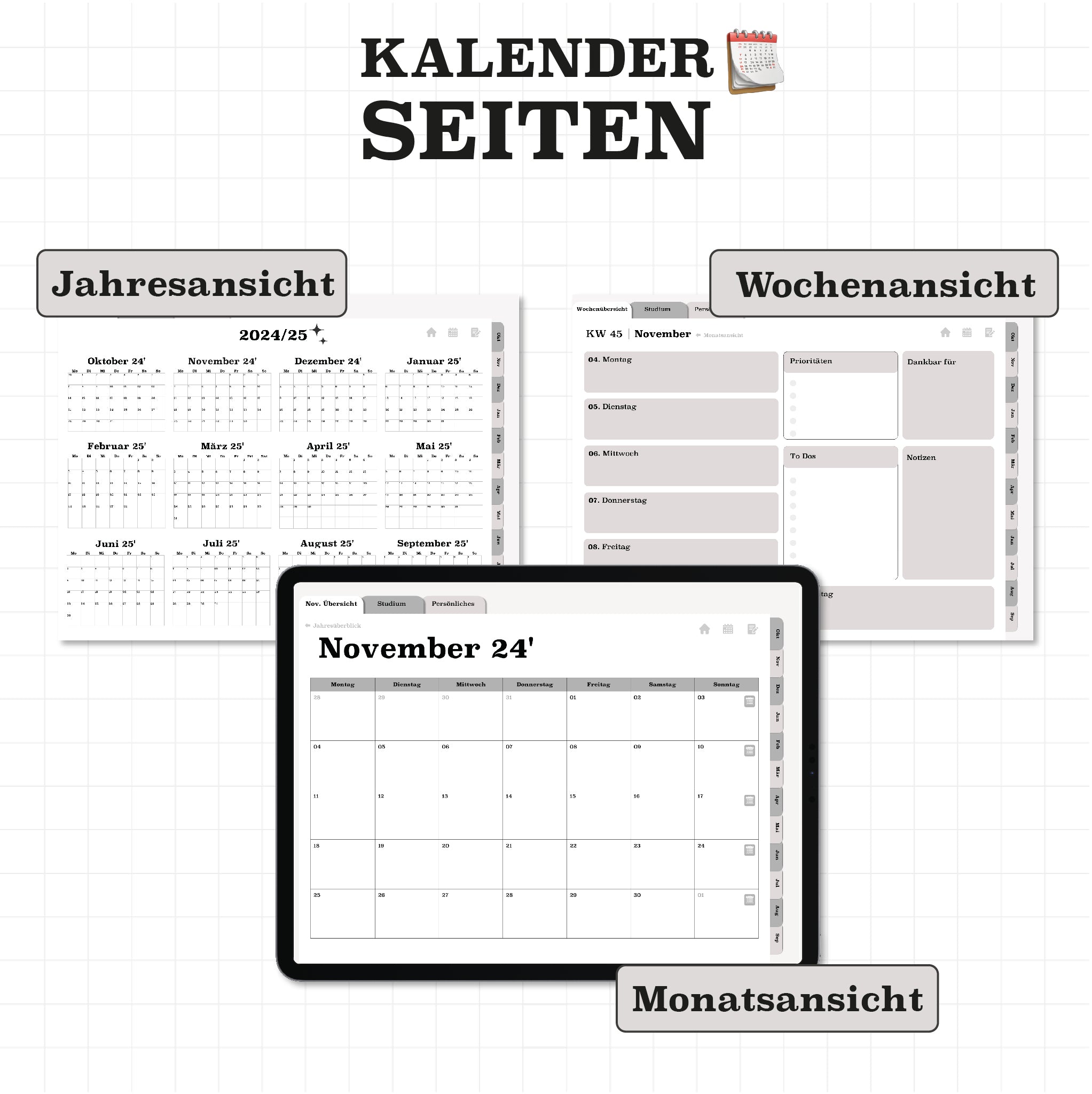 Jahres-, Monats- und Wochenansicht im digitalen Planer. Organisiere Termine und Deadlines im Studium effizient und stylisch.