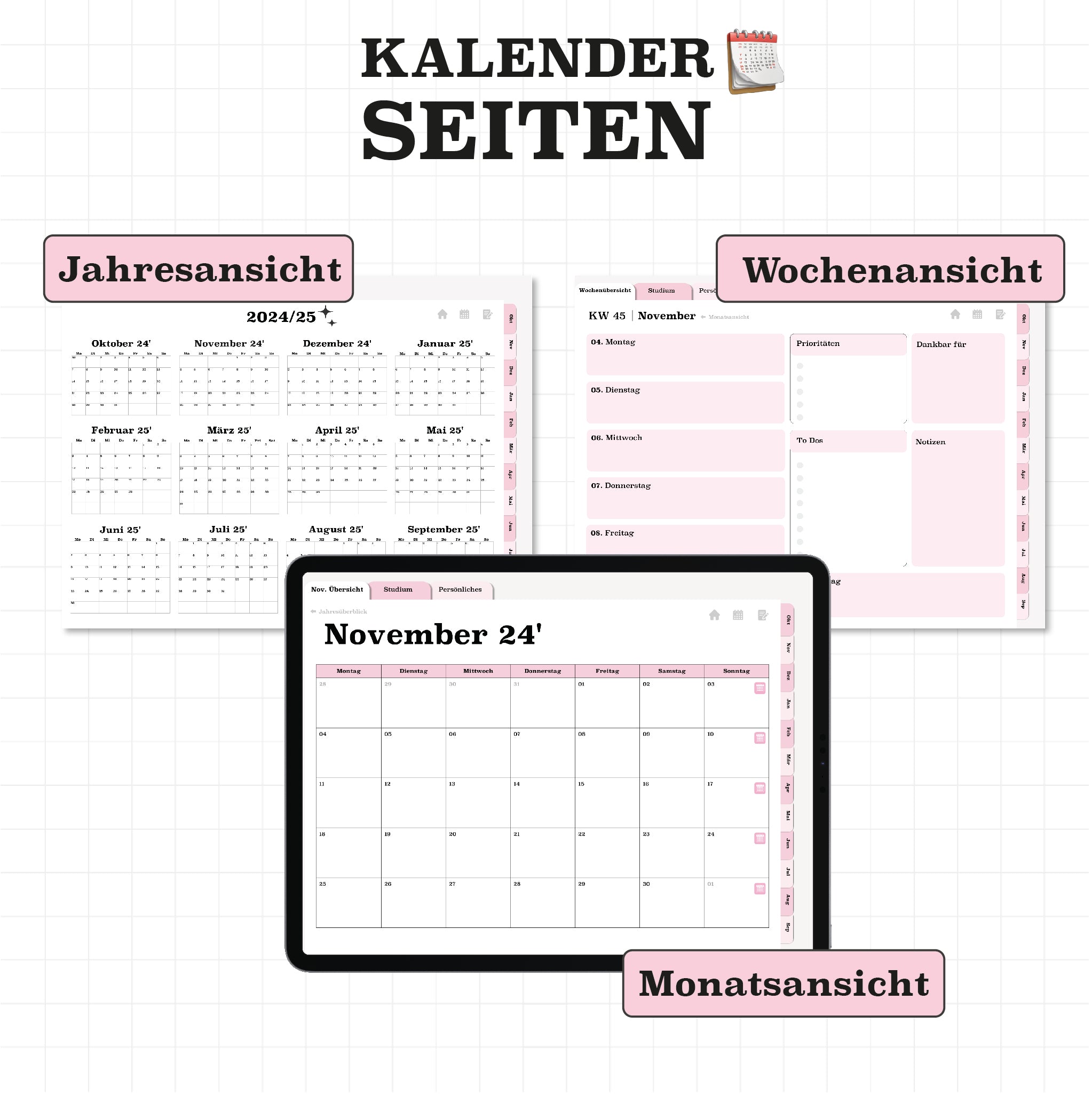 Jahres-, Monats- und Wochenansicht im digitalen Planer. Organisiere Termine und Deadlines im Studium effizient und stylisch.
