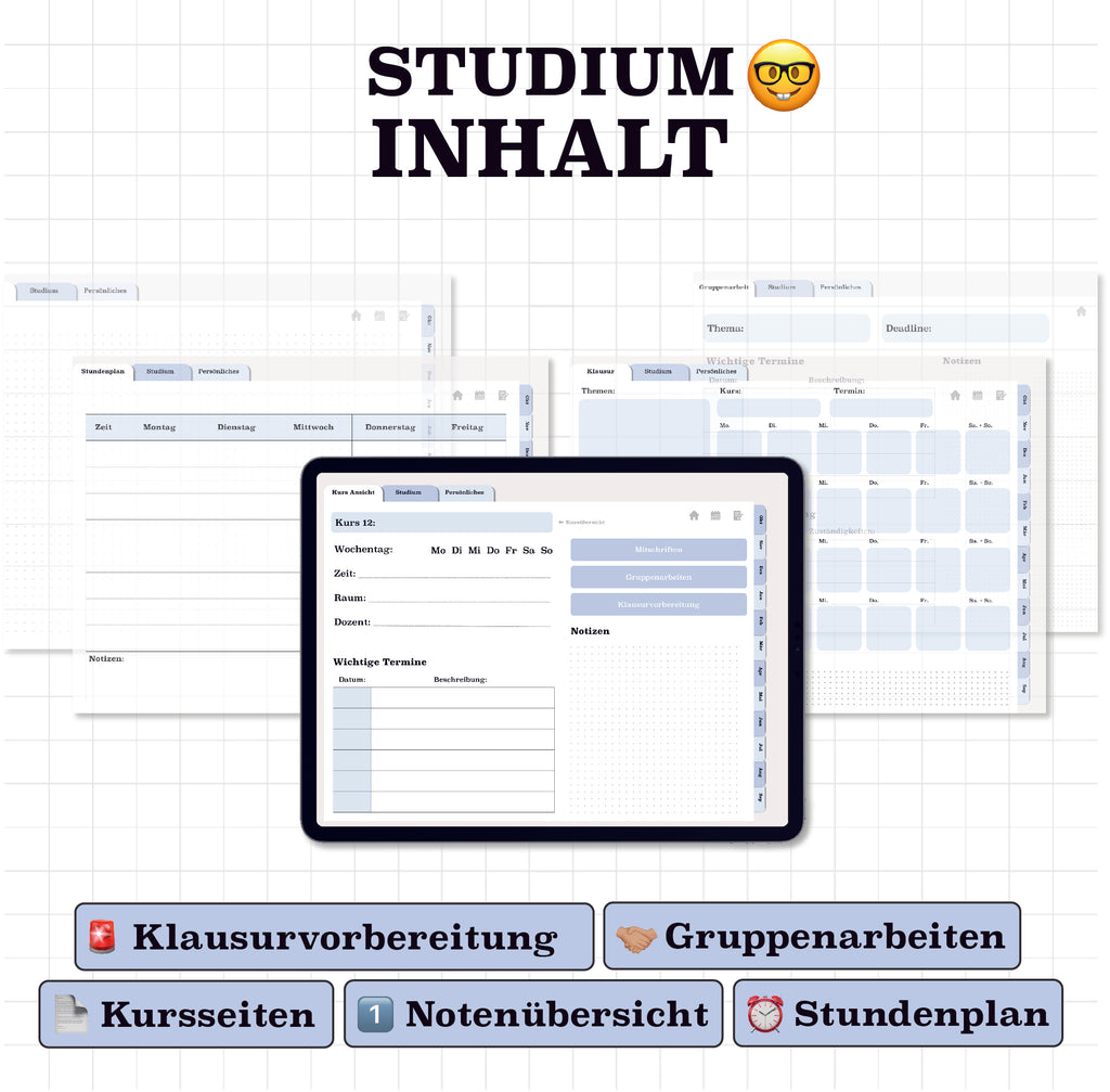 Digitale Funktionen für Studium: Kurse, Stundenplan, Klausurvorbereitung und Notenübersicht. Der digitale Planer für eine perfekte Organisation im Studium.