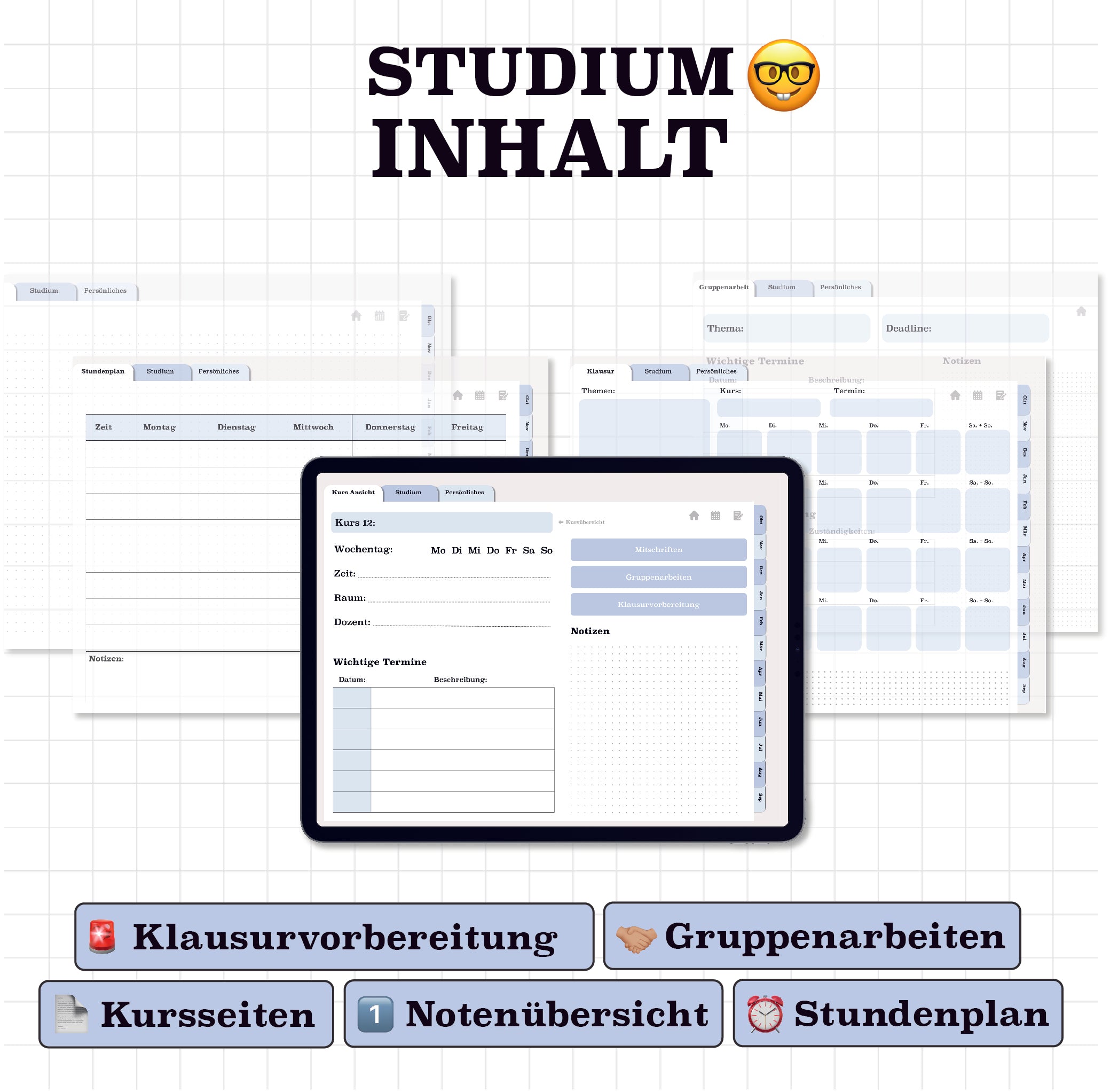 Digitale Funktionen für Studium: Kurse, Stundenplan, Klausurvorbereitung und Notenübersicht. Der digitale Planer für eine perfekte Organisation im Studium.