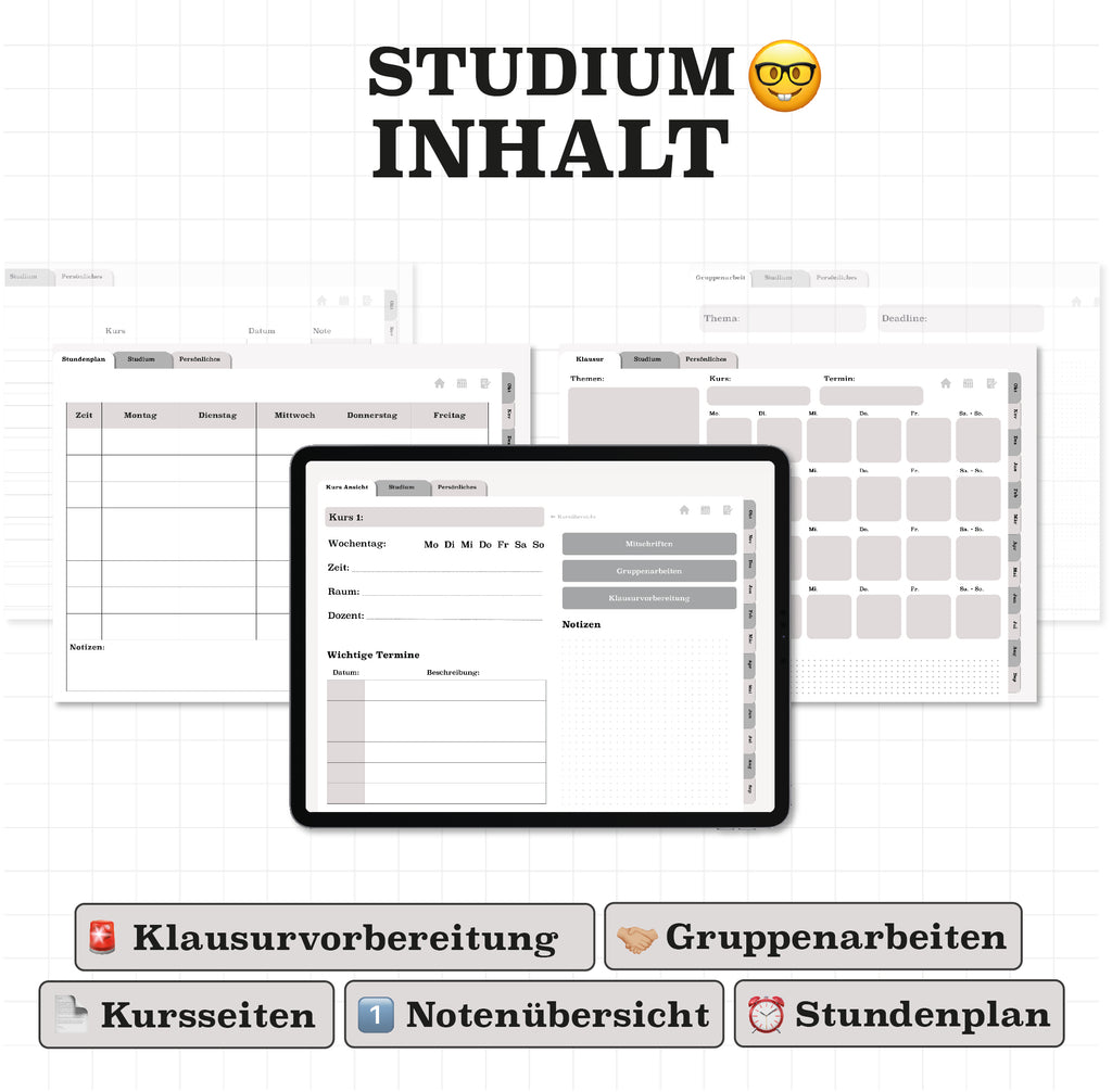Digitale Funktionen für Studium: Kurse, Stundenplan, Klausurvorbereitung und Notenübersicht. Der digitale Planer für eine perfekte Organisation im Studium.