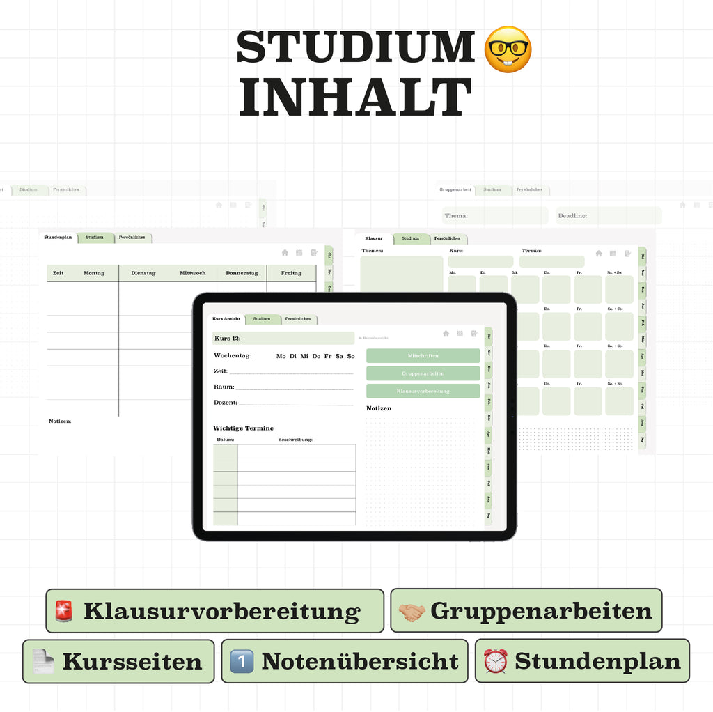 Digitale Funktionen für Studium: Kurse, Stundenplan, Klausurvorbereitung und Notenübersicht. Der digitale Planer für eine perfekte Organisation im Studium.