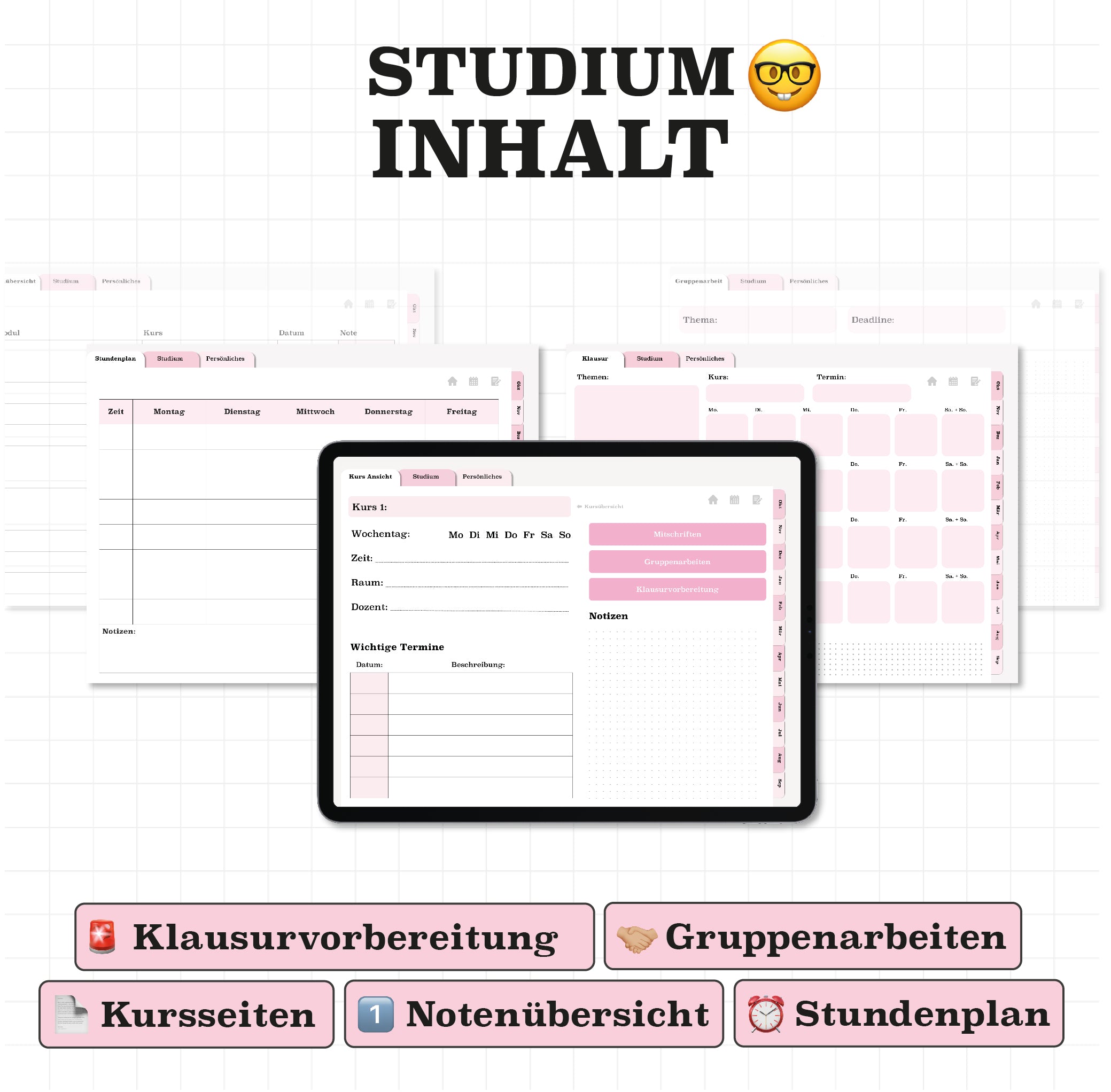 Digitale Funktionen für Studium: Kurse, Stundenplan, Klausurvorbereitung und Notenübersicht. Der digitale Planer für eine perfekte Organisation im Studium.