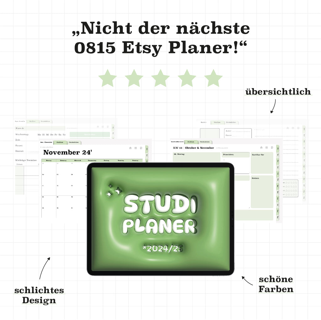Übersicht des digitalen Semesterplaners für 2024/25. Klar strukturiert, schlichtes Design und schöne Farben. Der ideale Planer für Studium und Alltag.