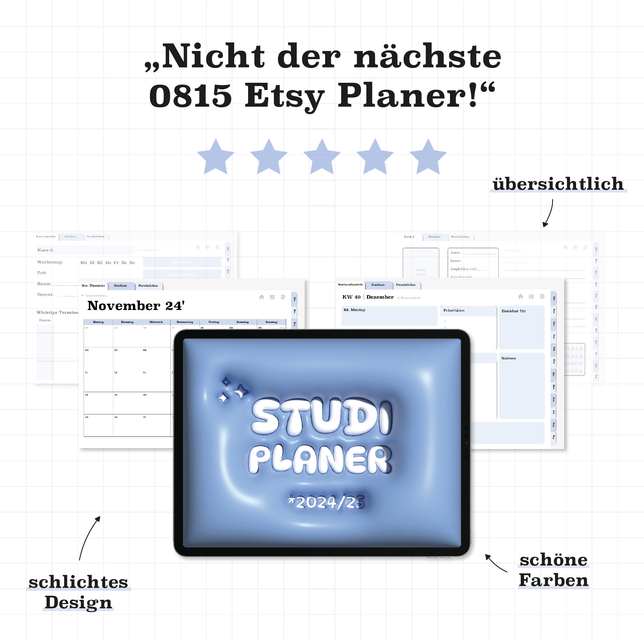 Übersicht des digitalen Semesterplaners für 2024/25. Klar strukturiert, schlichtes Design und schöne Farben. Der ideale Planer für Studium und Alltag.