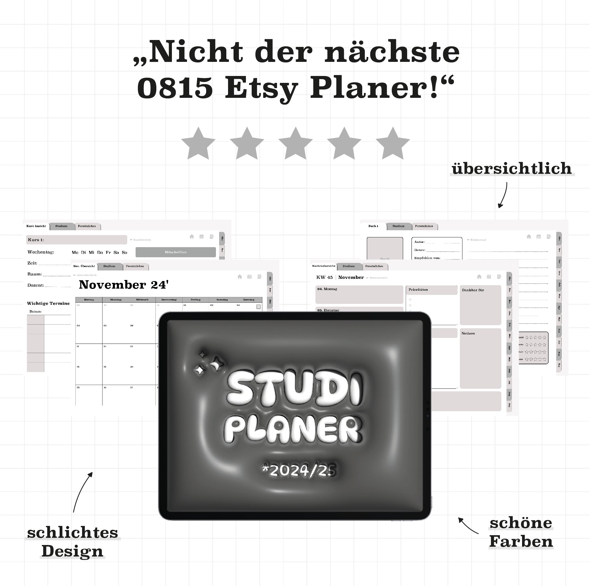 Übersicht des digitalen Semesterplaners für 2024/25. Klar strukturiert, schlichtes Design und schöne Farben. Der ideale Planer für Studium und Alltag.
