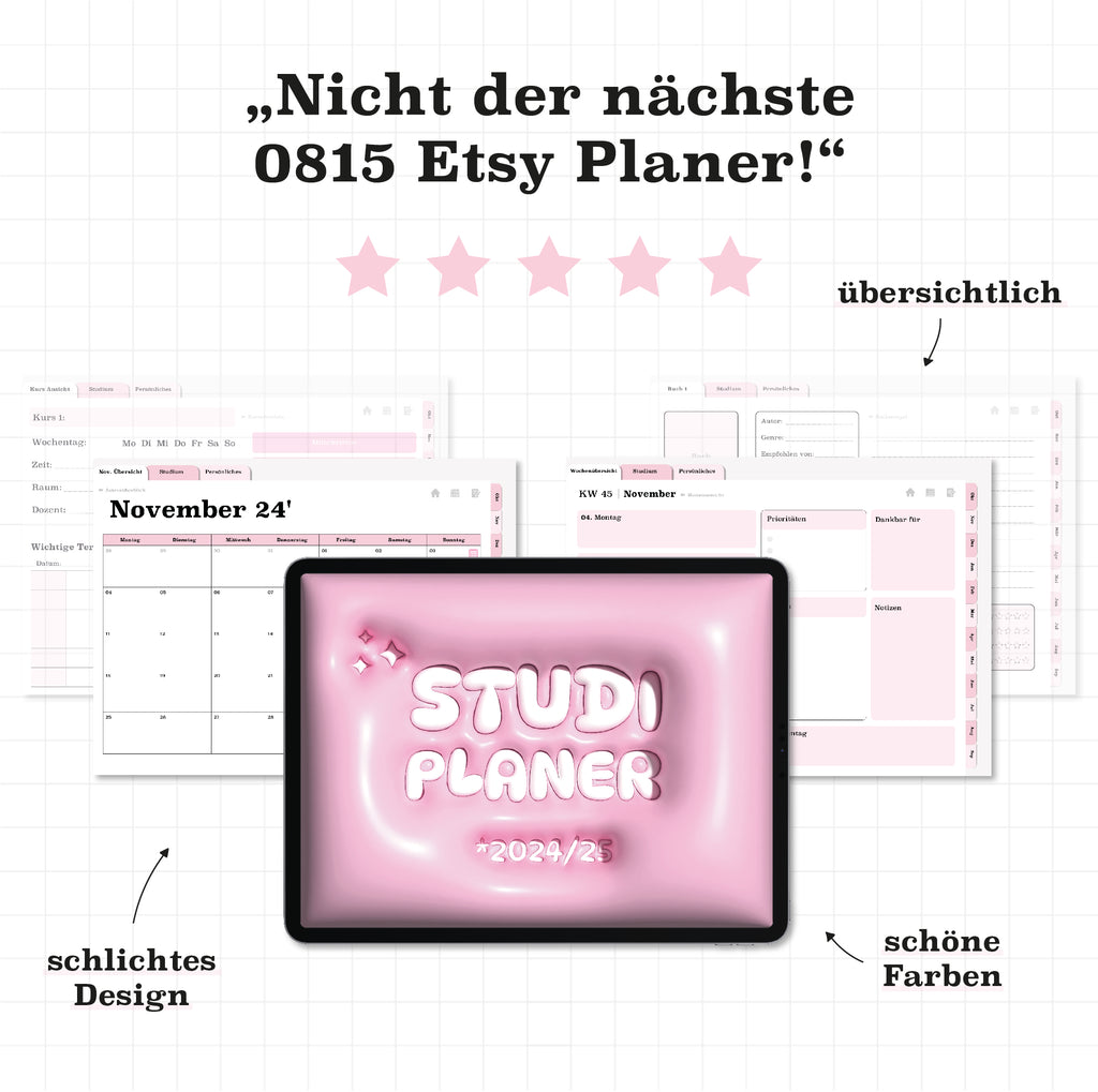 Übersicht des digitalen Semesterplaners für 2024/25. Klar strukturiert, schlichtes Design und schöne Farben. Der ideale Planer für Studium und Alltag.