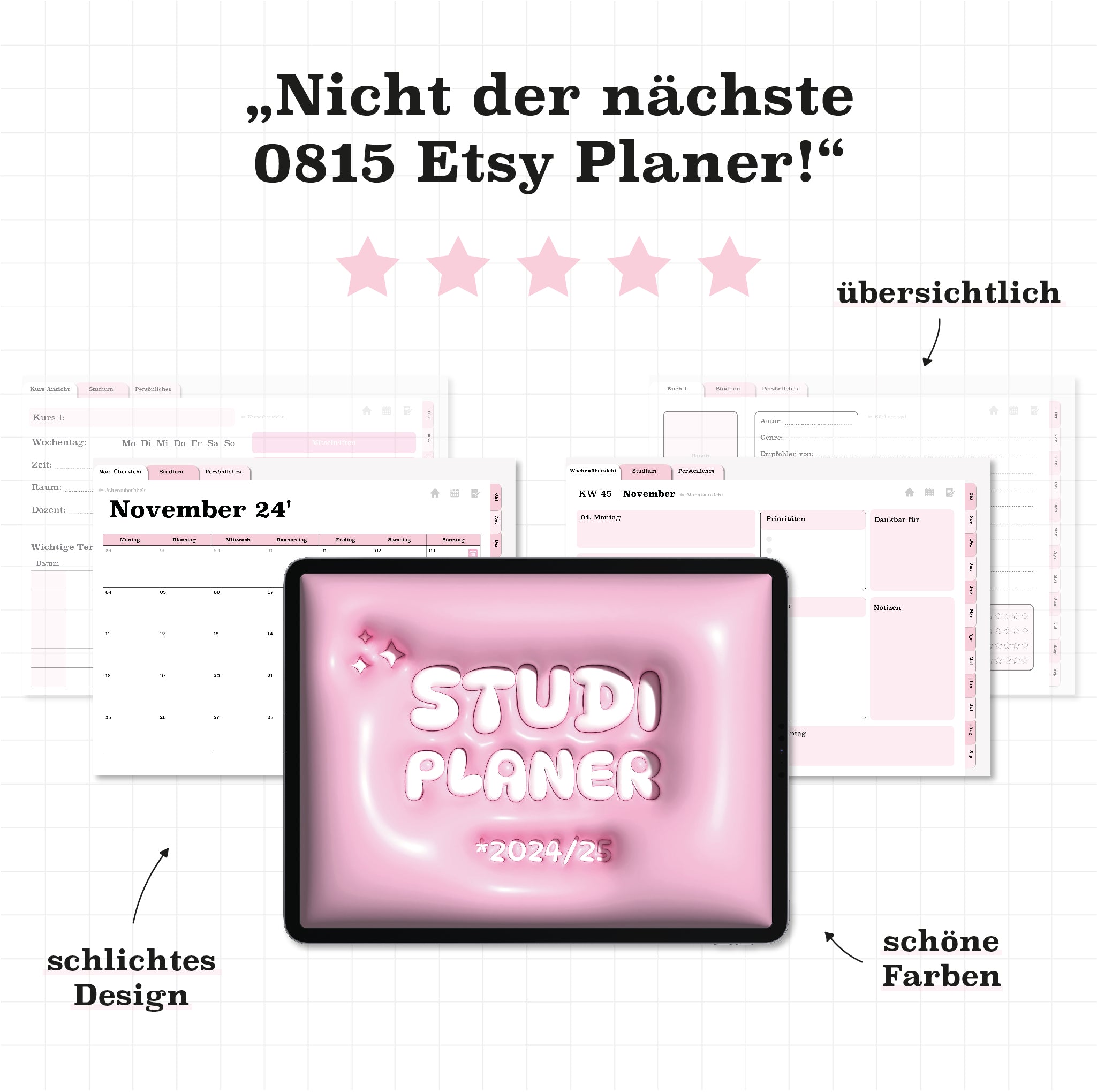 Übersicht des digitalen Semesterplaners für 2024/25. Klar strukturiert, schlichtes Design und schöne Farben. Der ideale Planer für Studium und Alltag.
