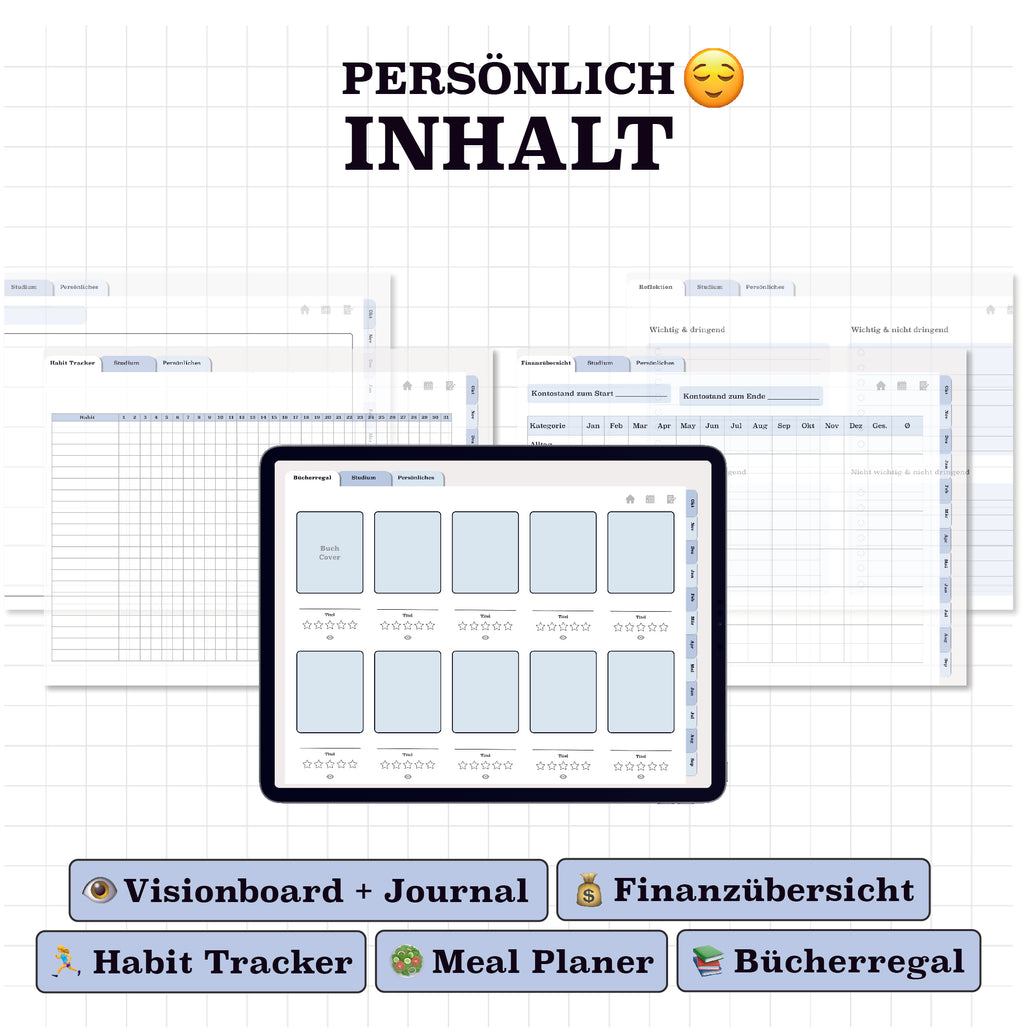 Personalisierte Seiten im digitalen Planer: Visionboard, Finanzübersicht, Habit Tracker und Meal Planner. Perfekt für ein strukturiertes Studium.