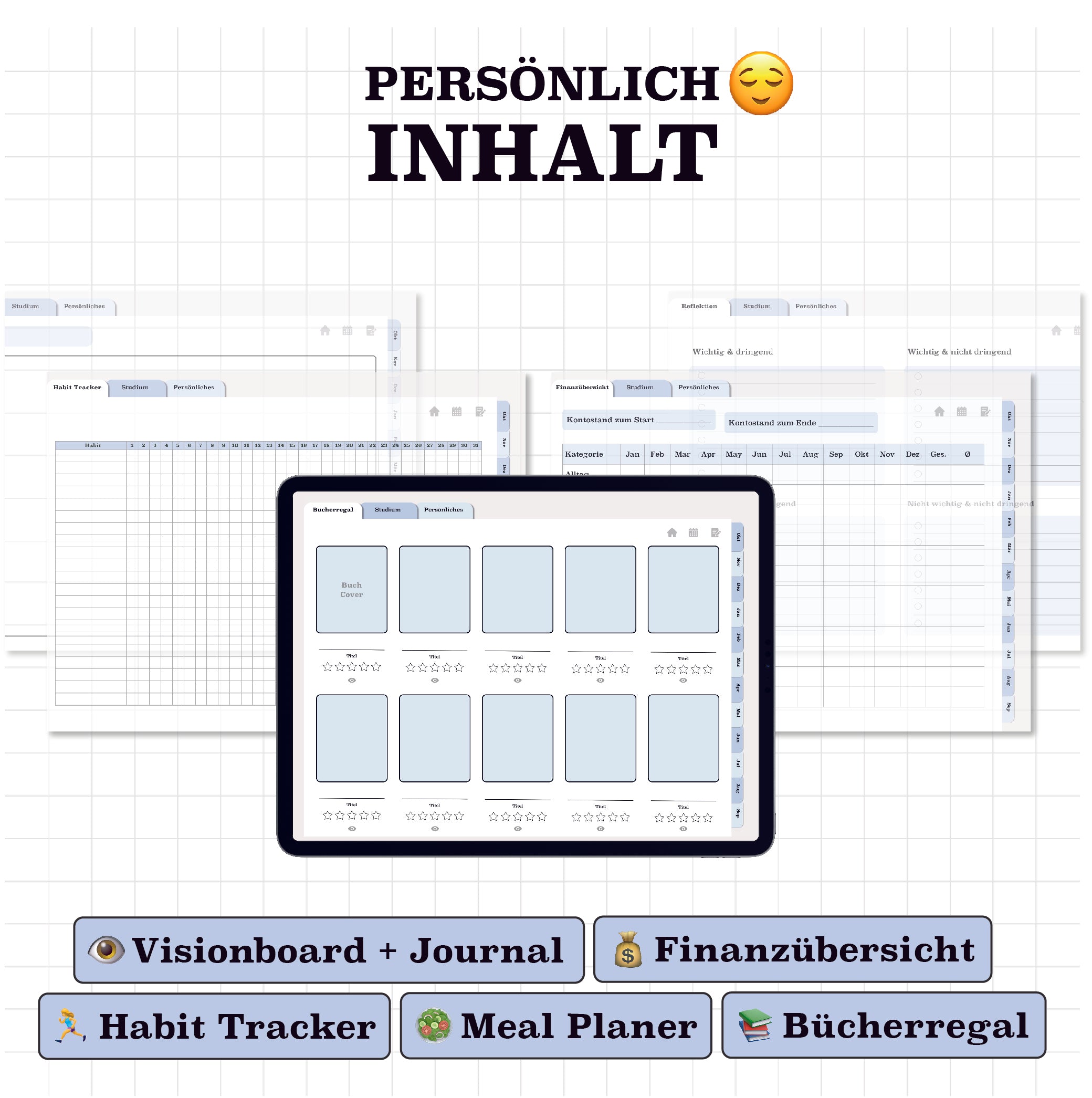 Personalisierte Seiten im digitalen Planer: Visionboard, Finanzübersicht, Habit Tracker und Meal Planner. Perfekt für ein strukturiertes Studium.