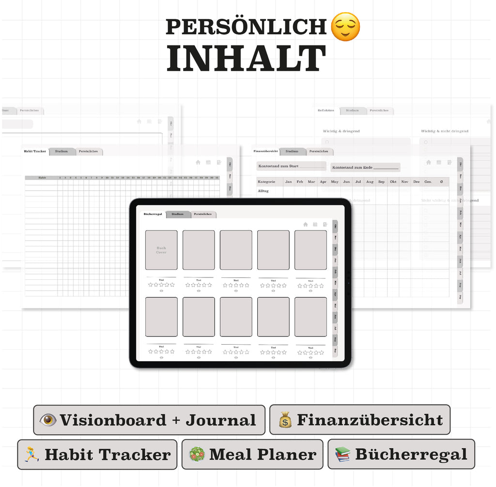 Personalisierte Seiten im digitalen Planer: Visionboard, Finanzübersicht, Habit Tracker und Meal Planner. Perfekt für ein strukturiertes Studium.