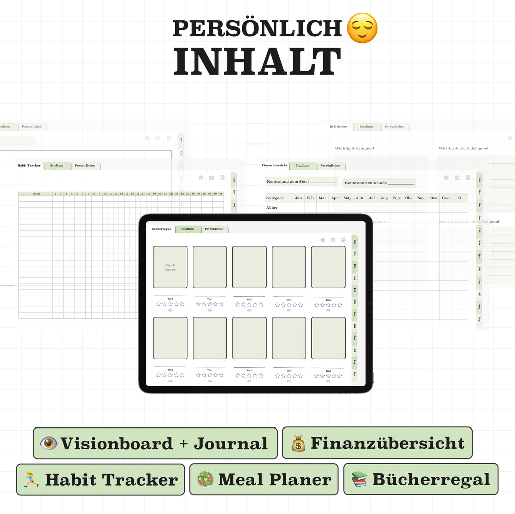 Personalisierte Seiten im digitalen Planer: Visionboard, Finanzübersicht, Habit Tracker und Meal Planner. Perfekt für ein strukturiertes Studium.