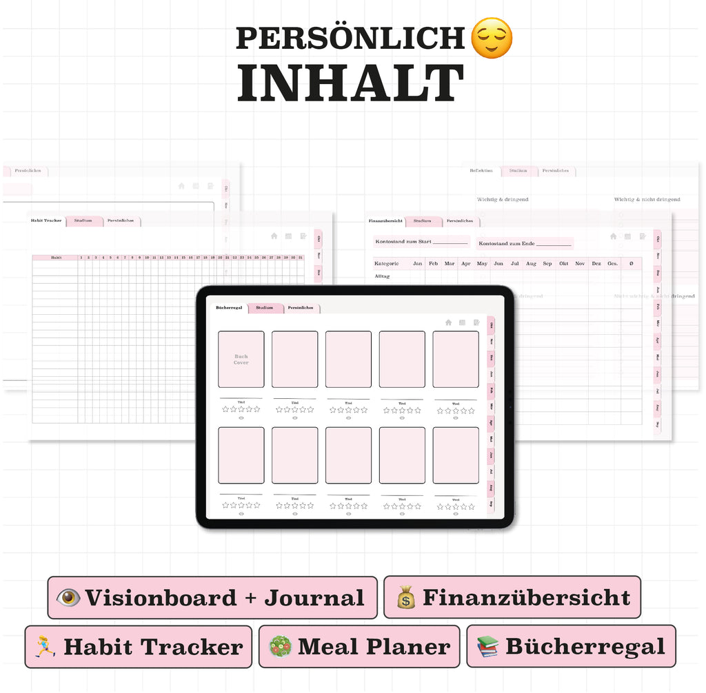 Personalisierte Seiten im digitalen Planer: Visionboard, Finanzübersicht, Habit Tracker und Meal Planner. Perfekt für ein strukturiertes Studium.