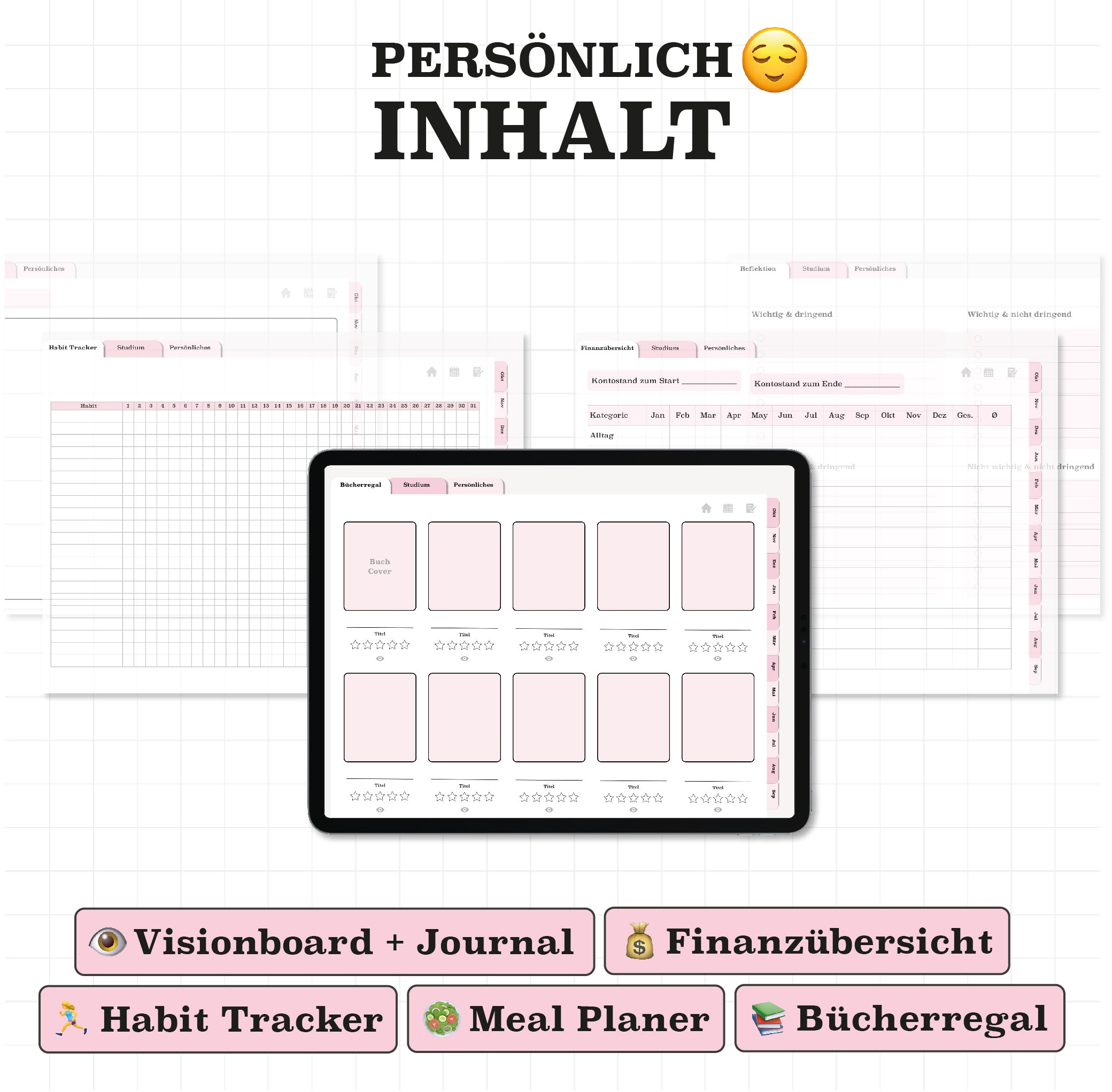 Personalisierte Seiten im digitalen Planer: Visionboard, Finanzübersicht, Habit Tracker und Meal Planner. Perfekt für ein strukturiertes Studium.