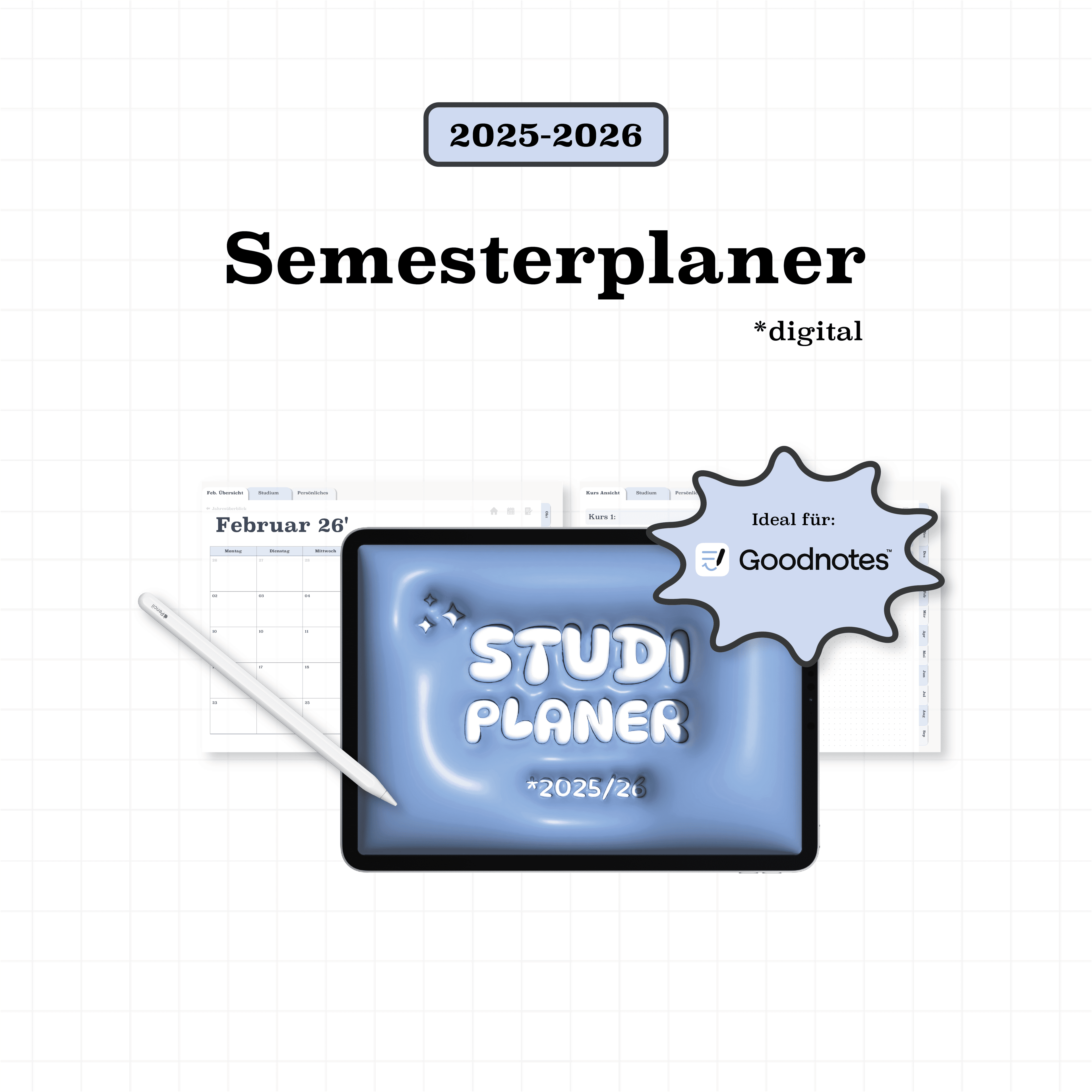 Digitaler Semesterplaner 2025/26 als PDF für iPad – kompatibel mit GoodNotes, inklusive Monatsübersicht & Apple Pencil