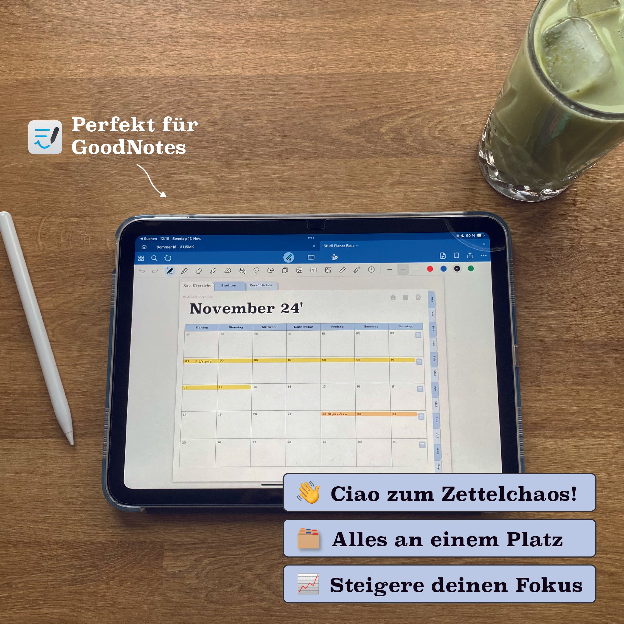 Digitaler Semesterplaner mit Kalenderansicht in GoodNotes. Organisiere Deadlines, Aufgaben und Termine effizient. Schluss mit Zettelchaos!
