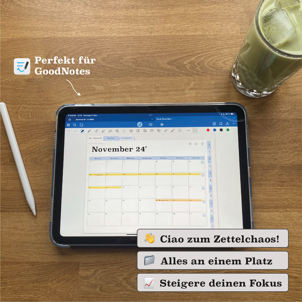 Digitaler Semesterplaner mit Kalenderansicht in GoodNotes. Organisiere Deadlines, Aufgaben und Termine effizient. Schluss mit Zettelchaos!
