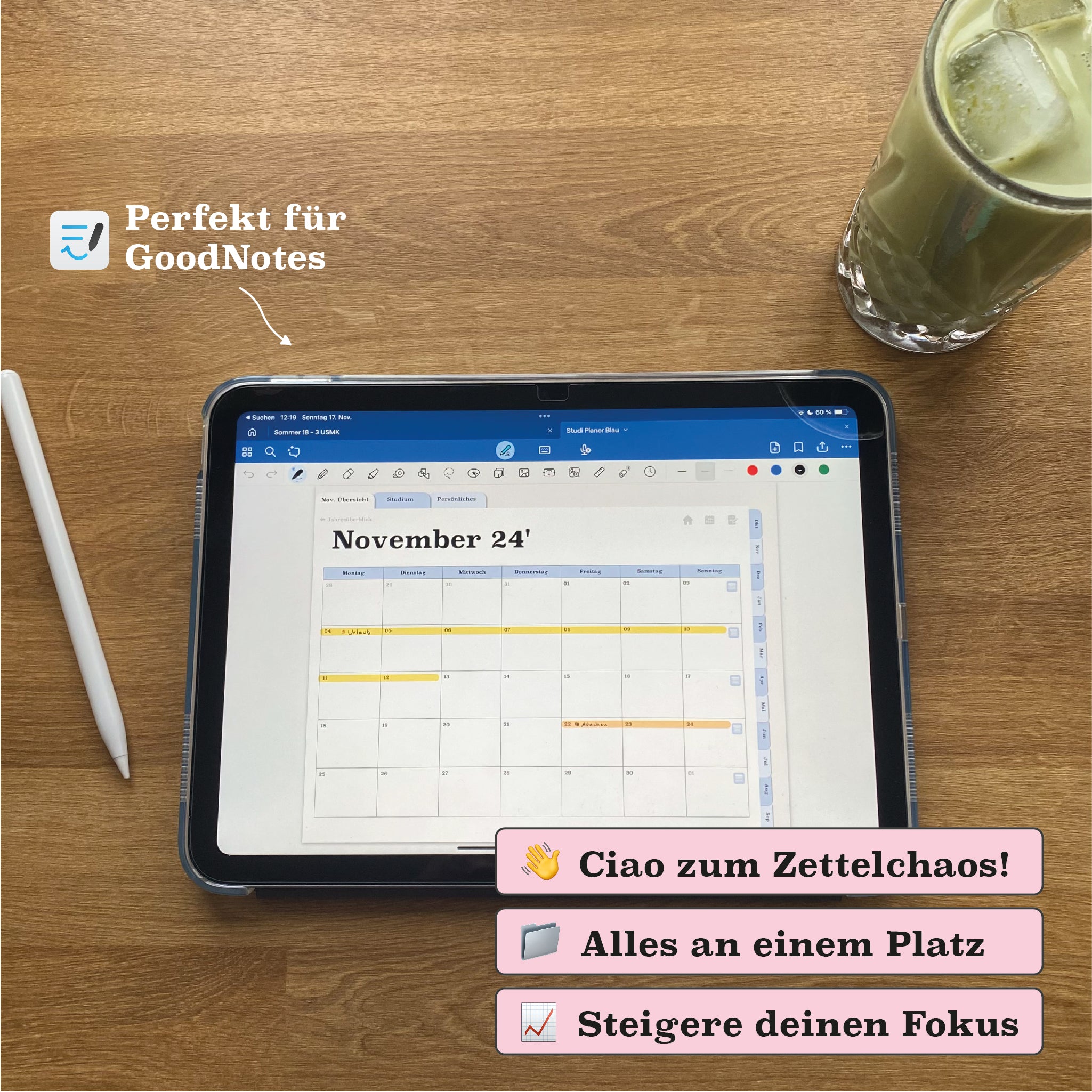 Digitaler Semesterplaner mit Kalenderansicht in GoodNotes. Organisiere Deadlines, Aufgaben und Termine effizient. Schluss mit Zettelchaos!