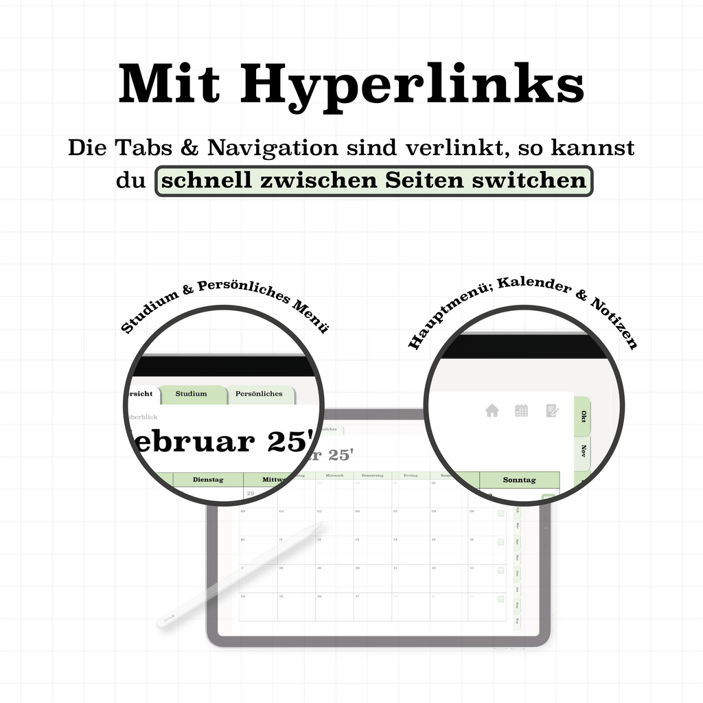 Hyperlinked Navigation im digitalen Semesterplaner 2025/26 in Grün: Verlinkte Tabs und Menüs für Studium, Kalender und persönliche Notizen