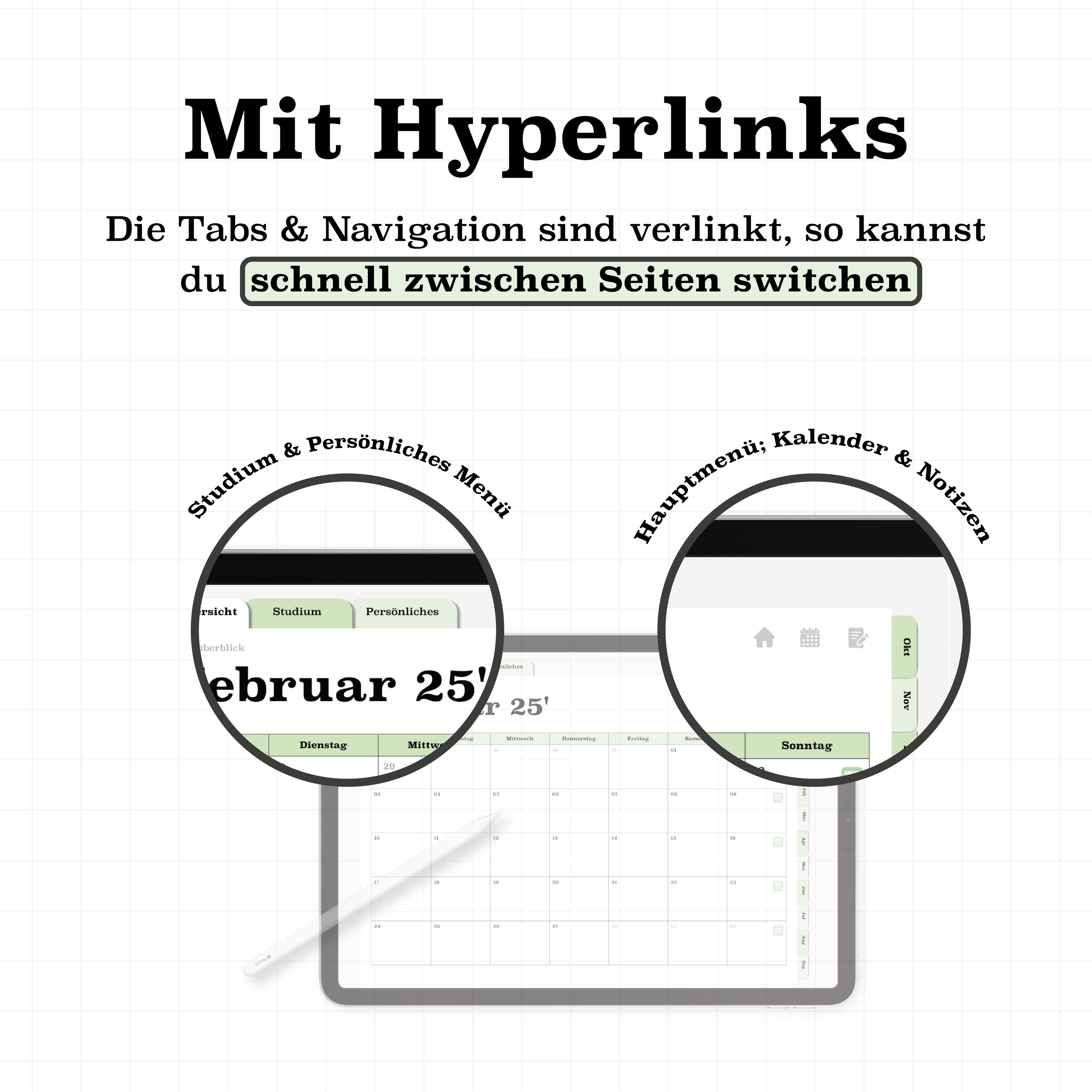 Hyperlinked Navigation im digitalen Semesterplaner 2025/26 in Grün: Verlinkte Tabs und Menüs für Studium, Kalender und persönliche Notizen