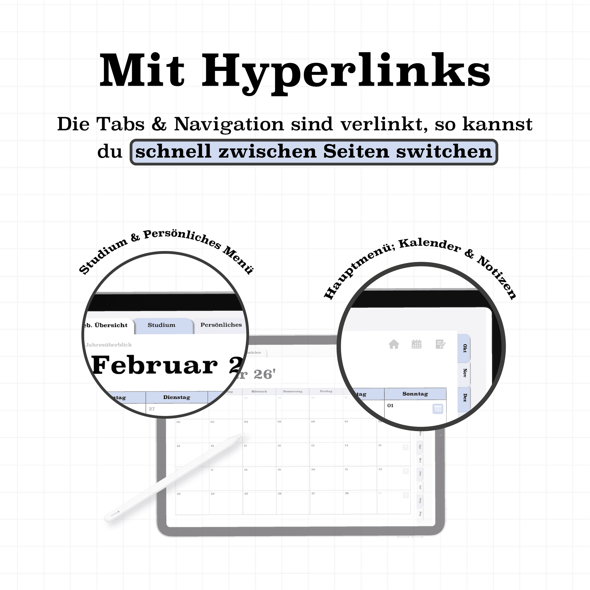 Übersicht der Hyperlinks im digitalen Semesterplaner 2025/26: Verlinkte Tabs für Studium, Kalender, Notizen & persönliche Bereiche auf dem iPad