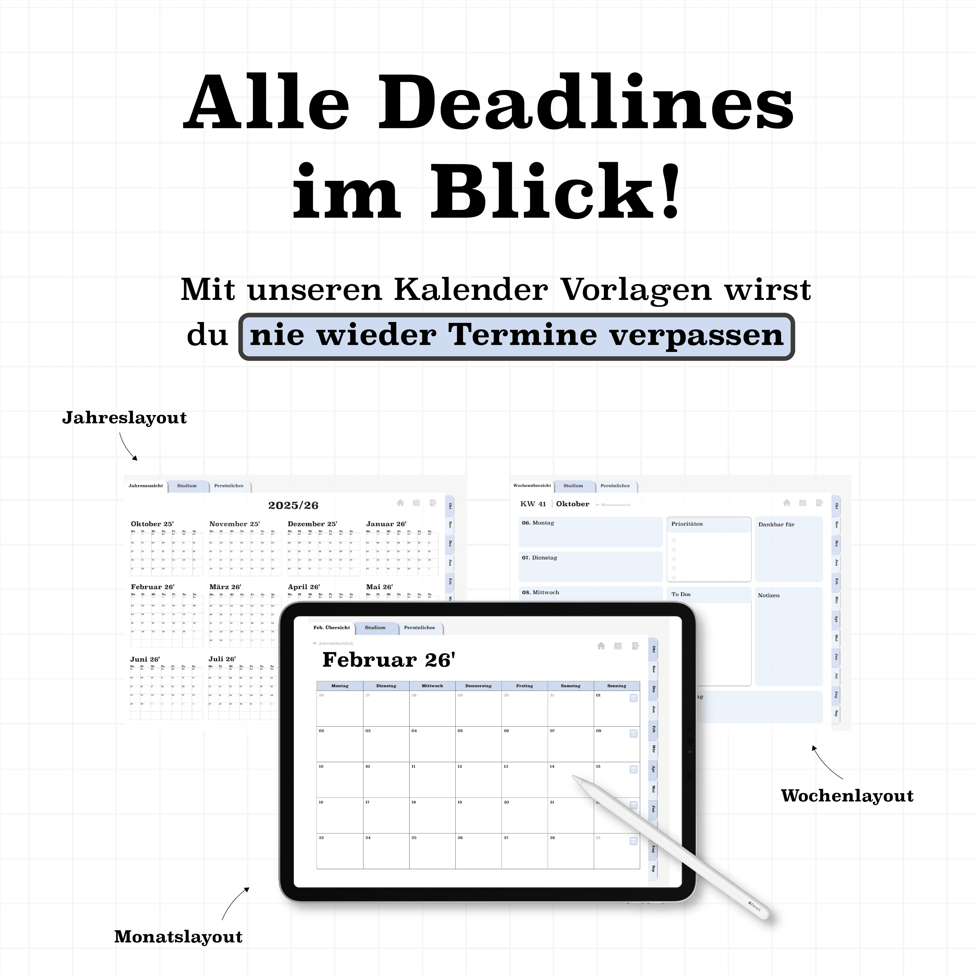Kalenderseiten des digitalen Semesterplaners 2025/26 für iPad – Jahresübersicht, Monatsansicht & Wochenlayout im PDF-Format