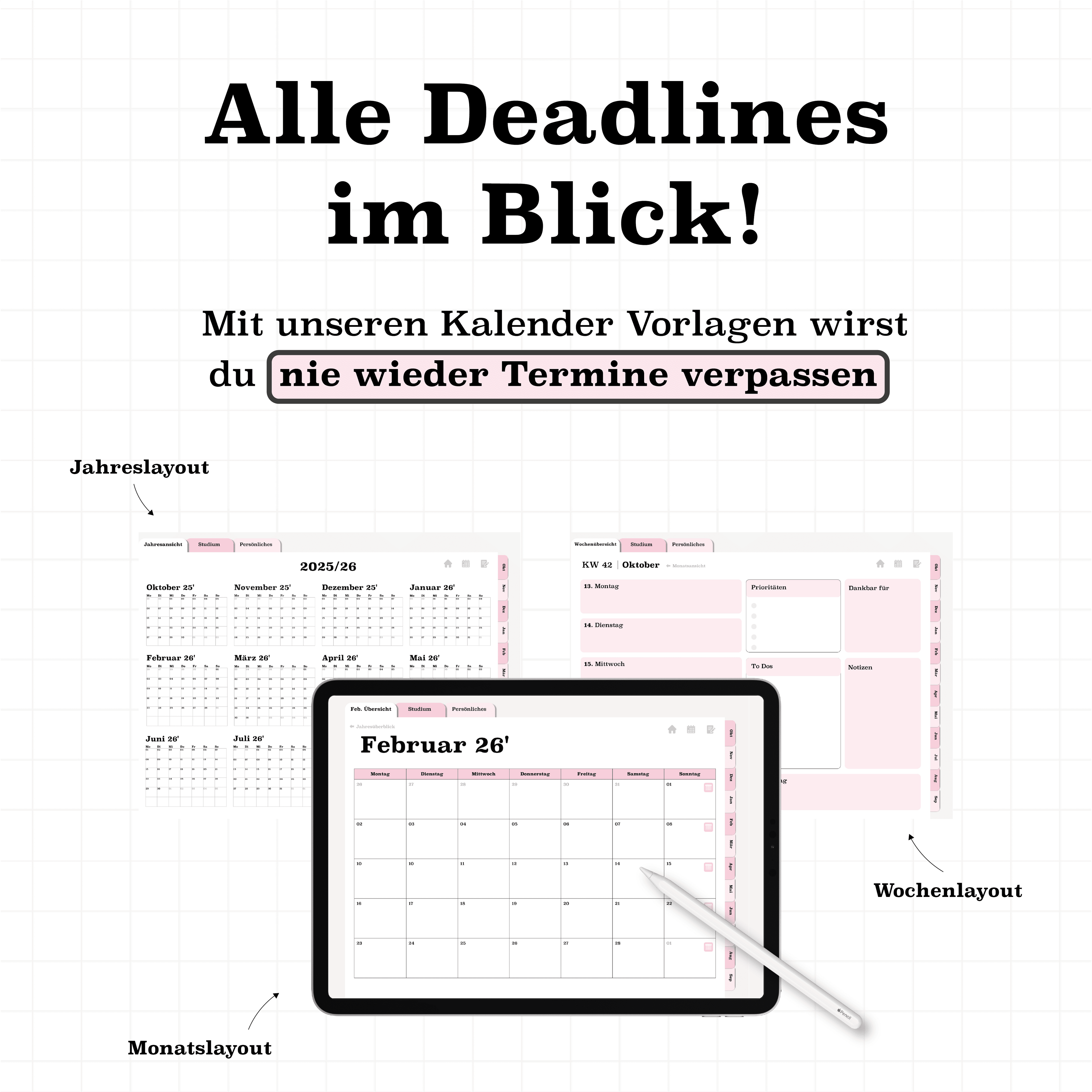 Kalenderansichten im rosa digitalen Semesterplaner 2025/26: Jahreslayout, Monatsübersicht und Wochenplan auf dem iPad
