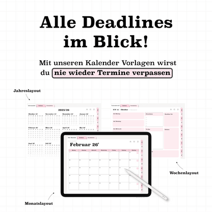 Kalenderansichten im rosa digitalen Semesterplaner 2025/26: Jahreslayout, Monatsübersicht und Wochenplan auf dem iPad