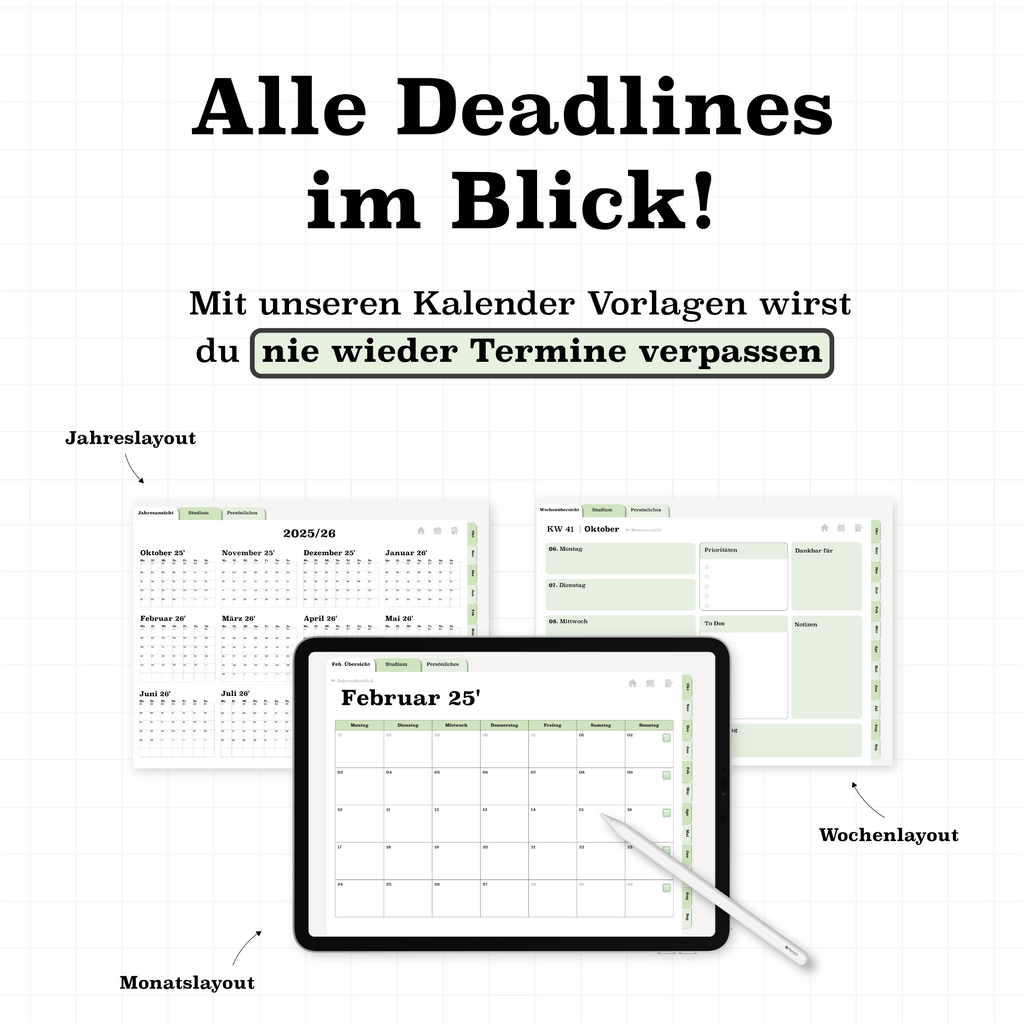 Kalenderlayouts im grünen digitalen Semesterplaner 2025/26: Jahresübersicht, Monatsansicht und Wochenplan als PDF für iPad & GoodNotes