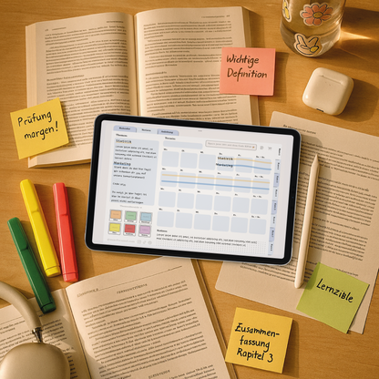 Lernplan im digitalen Semesterplaner 2025/26 auf dem iPad – Study Setup mit Markern, Büchern, Notizen & Lernzielen für Prüfungen