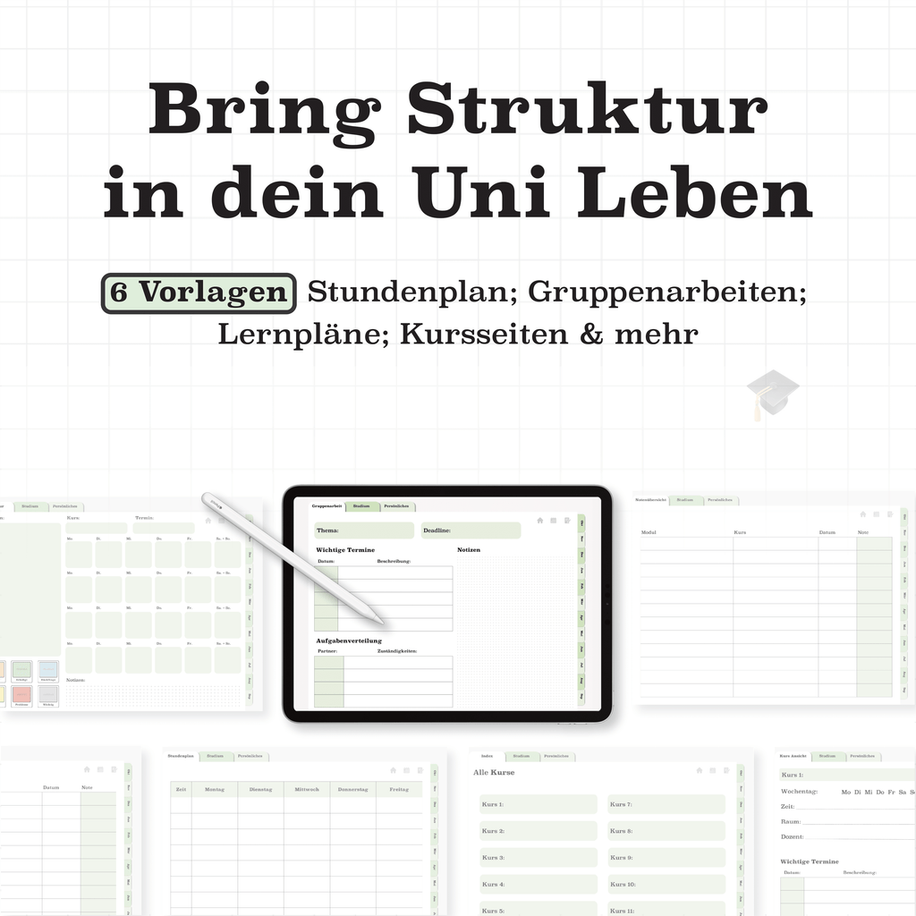 Grüner digitaler Semesterplaner 2025/26 mit Uni-Vorlagen: Lernpläne, Stundenplan, Gruppenseiten und Kursübersicht auf dem iPad