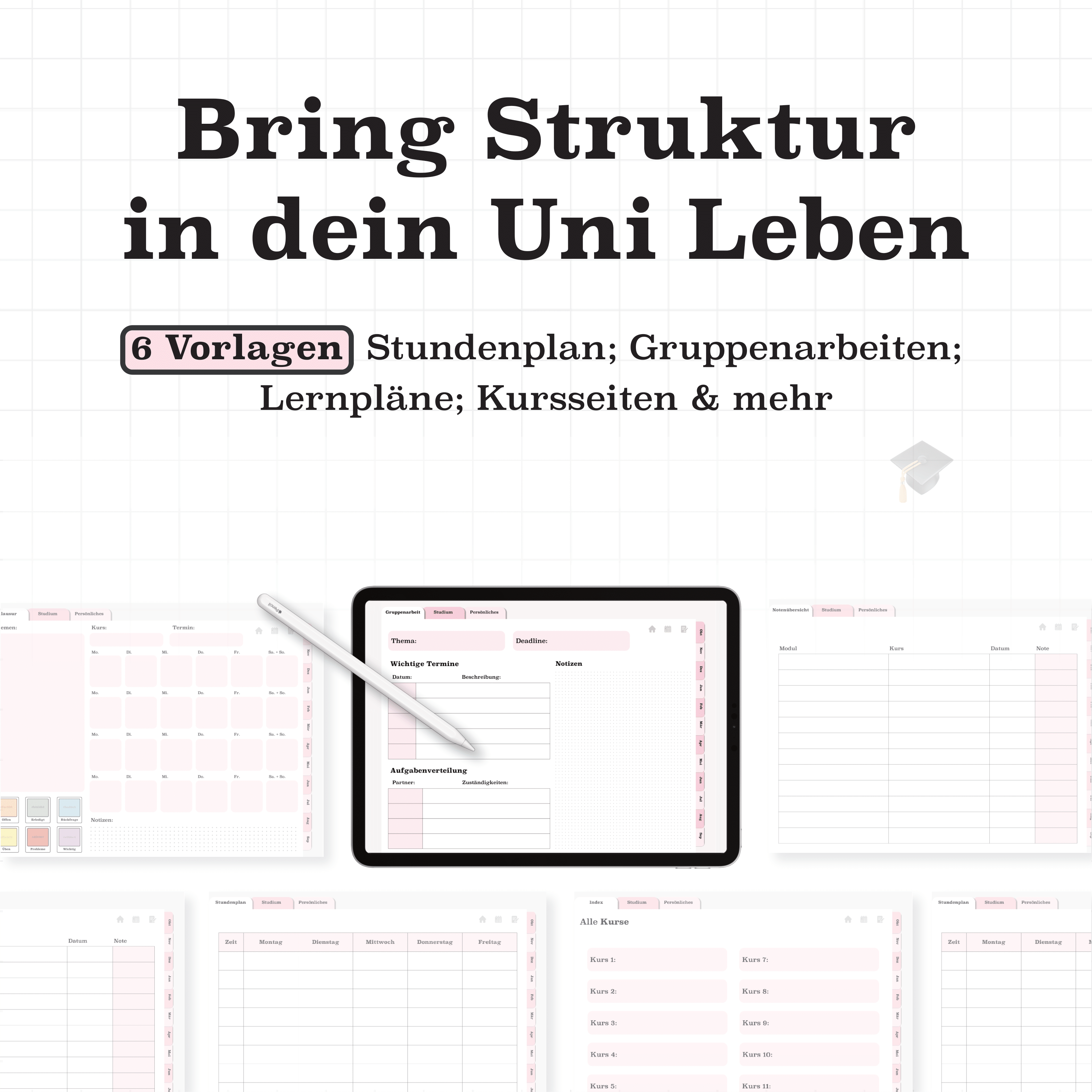 Rosa Semesterplaner 2025/26 mit Uni-Vorlagen auf dem iPad: Stundenplan, Gruppenseiten, Kursübersicht und Lernplan als digitale PDF