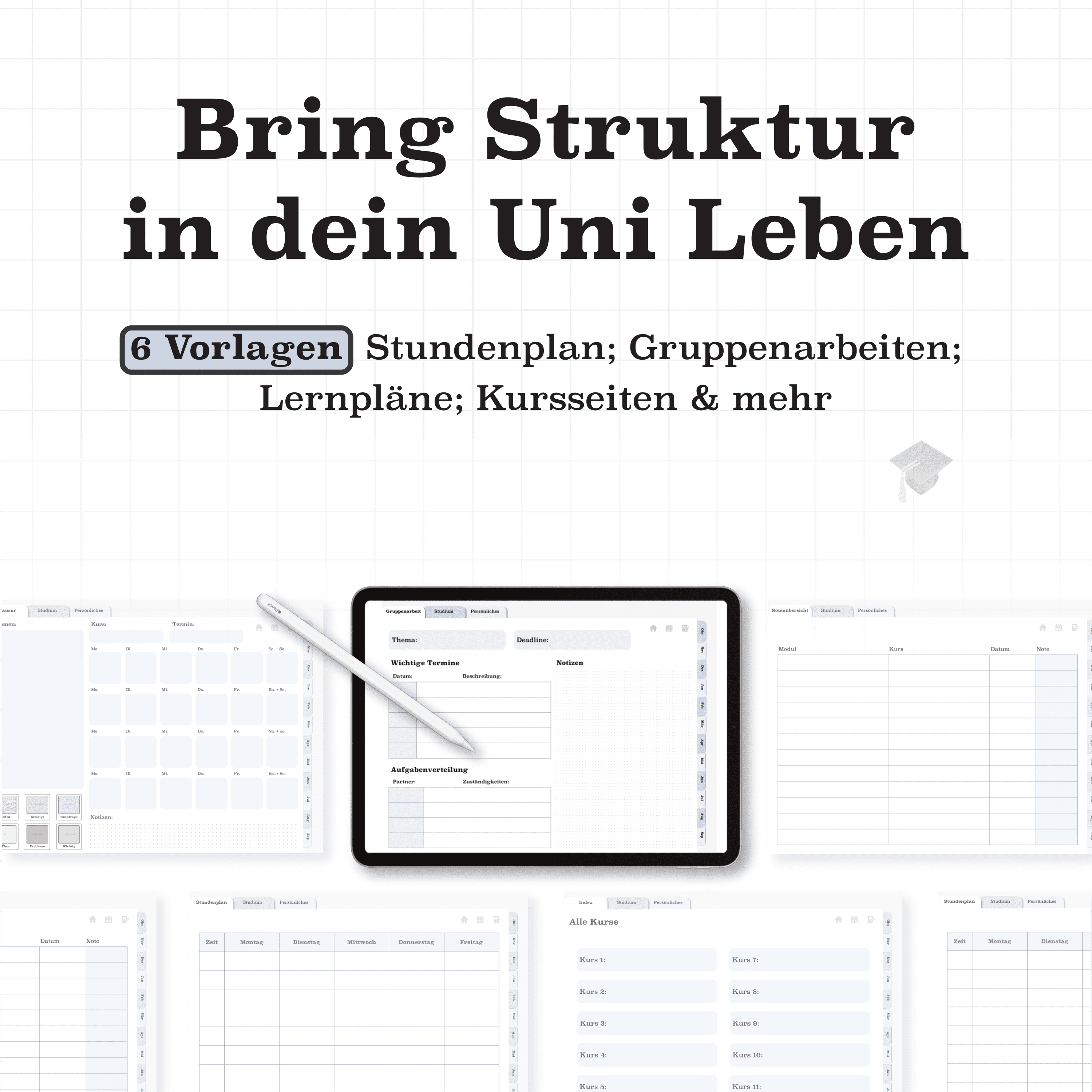 Übersicht der Uni-Vorlagen im digitalen Semesterplaner 2025/26: Stundenplan, Lernpläne, Gruppenseiten und Kursübersicht auf dem iPad